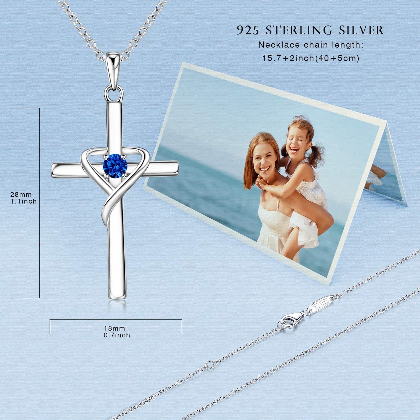 AmorAime 925 Sterling Silver Cross Necklace for Women Men 14K Gold Plated 5A CZ Birthstone Necklaces for Holiday (I.Dark Blue-September-Sapphire)