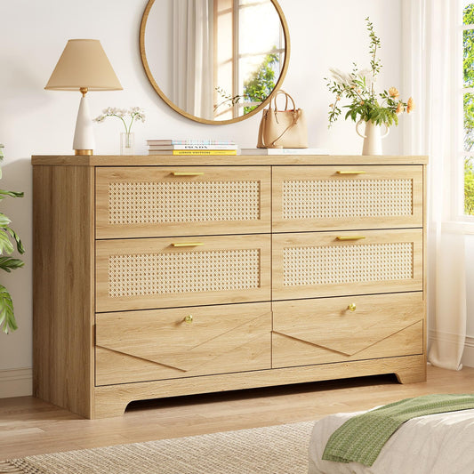 IBF Rattan Dresser for Bedroom, Wood Boho 6 Drawer Dressers, Large Dresser Chest of Drawers for Closet, Wide Clothes Storage Organizer with Deep Drawers for Living Room and Hallway, 51.2 Inch, Oak