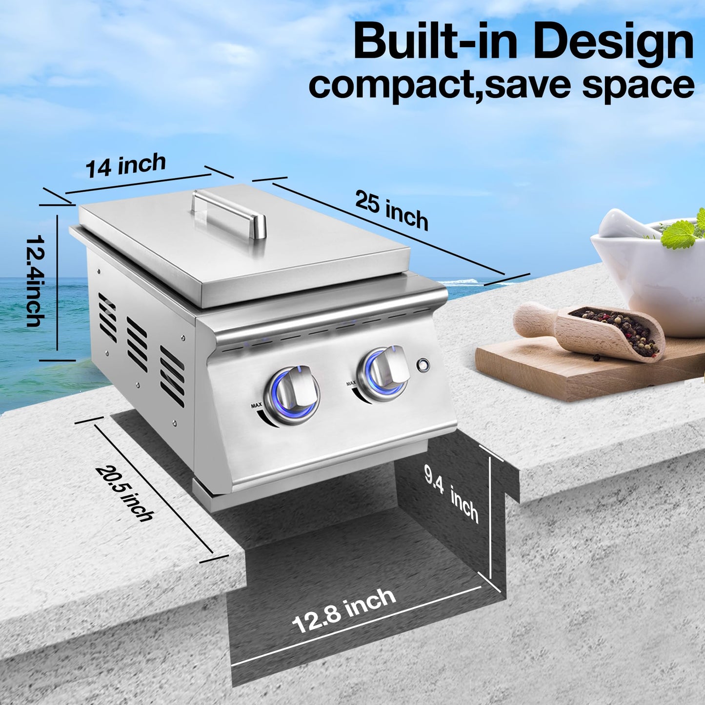 Livory Double Grilling Side Burners for Outdoor Kitchen, 2 * 15,000BTU Liquid Propane Burners, Duty Heavy 304 Stainless Steel, Built-in Side Burner for BBQ Island Grill, with Natural Gas Kit