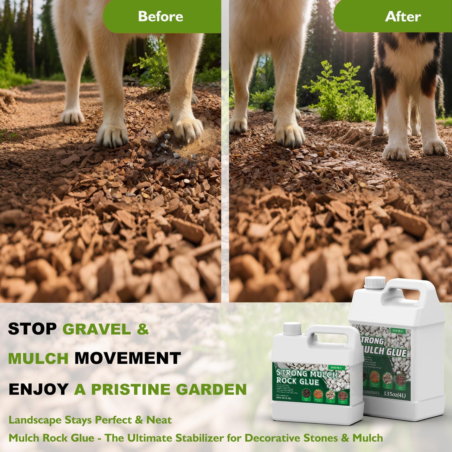 135 oz Clear Mulch Glue for Landscaping — Strong Rock Glue for Landscaping, All-Weather Anchor Binder Adhesive, Locks Down Gravel & Stones, Prevents Wind & Rain Erosion, Pet-Safe (Covers 400 sq ft)