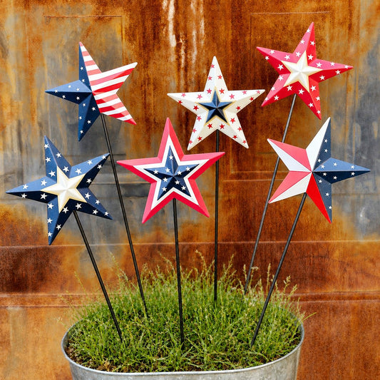 WKHOMEDECO 4th of July Decorations Outdoor 19" Metal Barn Star 6-Pack, Patriotic Outdoor Decorations, Rustic Iron Decorative Garden Stakes with American Flag Stars for Yard Patio Lawn