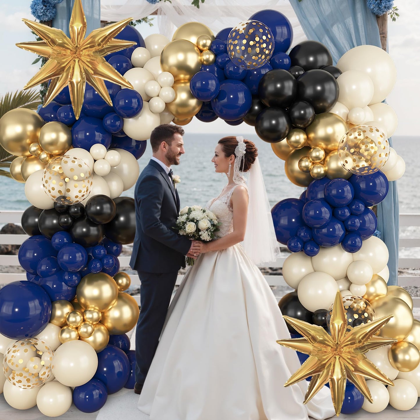 Amandir Navy Blue Gold Balloons Garland Arch Kit for Graduation Party Decorations, 145Pcs Gold Black Confetti Balloons with Foil Star for 2026 Graduation College Congrats Grad Class Birthday Supplies