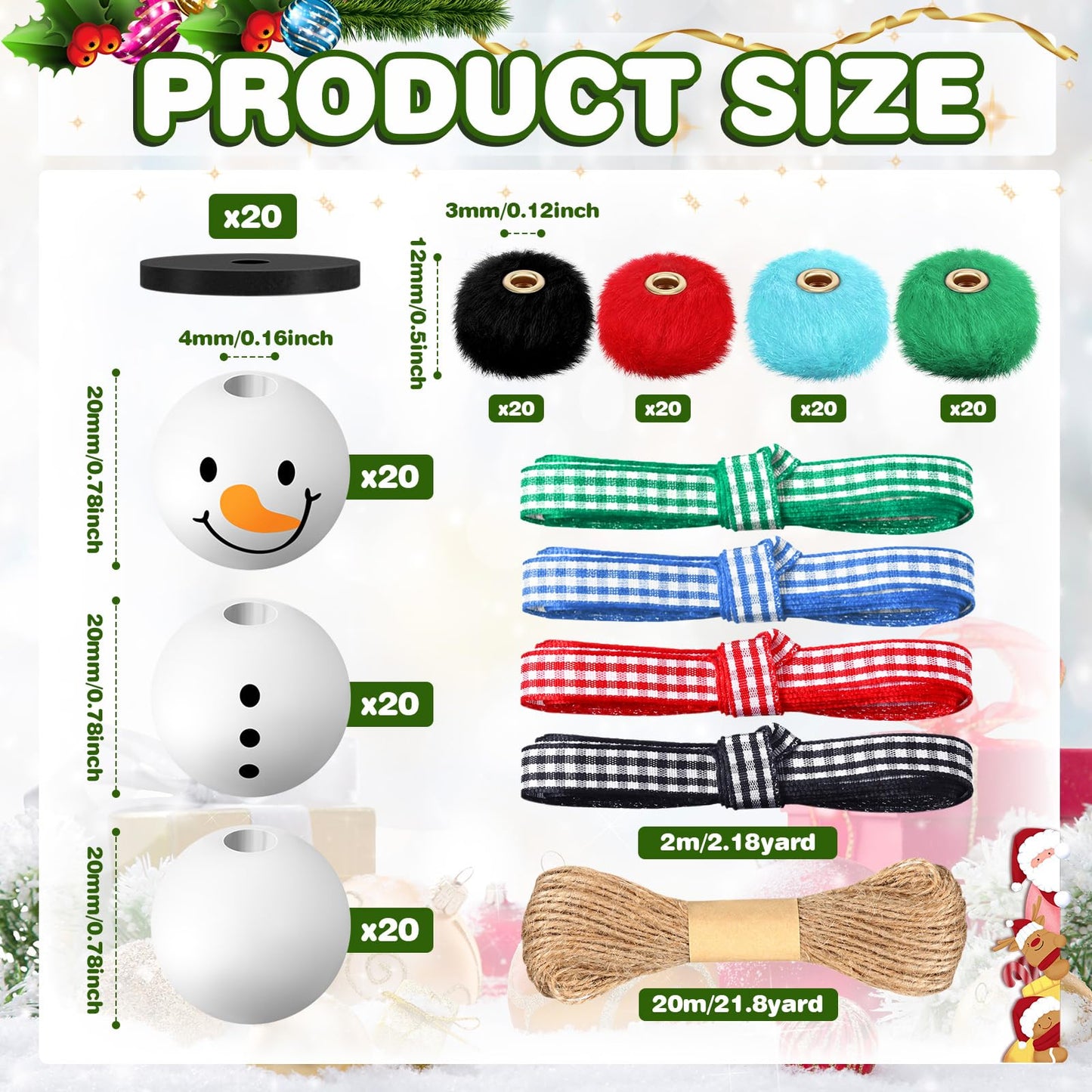 Amyhill 120 Pcs DIY Christmas Snowman Wooden Beads for Craft, Fuzzy Faux Fur Poms, Winter Wood Beads Buffalo Plaid Colorful Print with Twine, for Party Xmas Santa Tree Jewelry Home(Red Green Blue)
