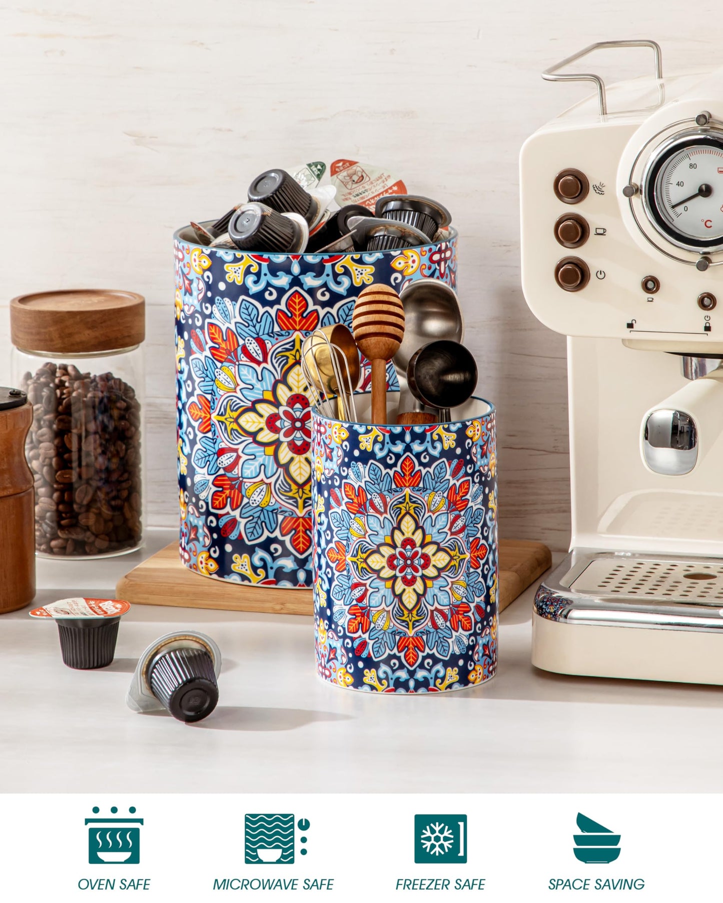 vancasso SIMI Utensil Holder, 7.3"+5.5" Porcelain Kitchen Utensil Holder for Countertop, Bohemian Kitchen Utensil Organizer for Spatulas, Spoons, Decorative Counter Utensil Crock, Twilight Bloom