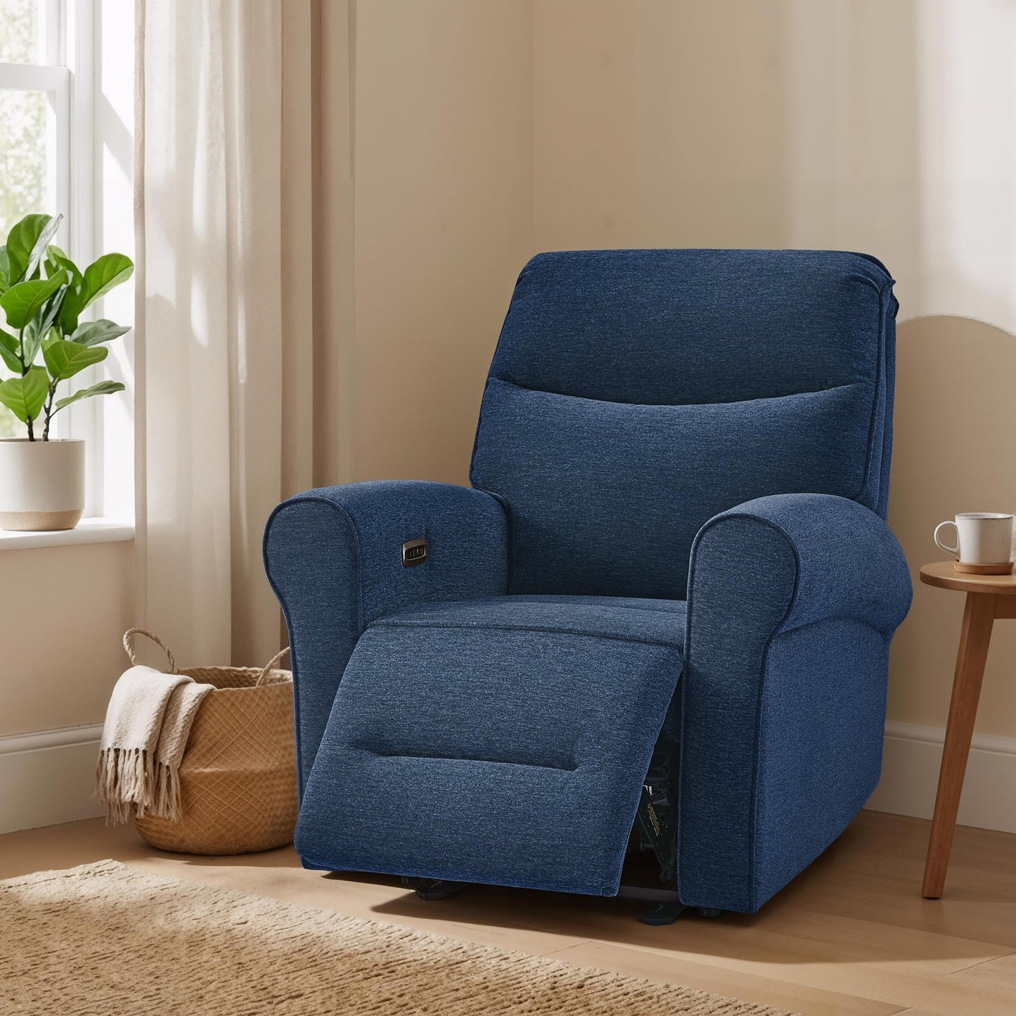 MCombo Compact Wall Hugger Power Recliner Chair for Small Spaces, Dual USB-A/C Ports, Rolled Arm Recliner for Living Room & RV, Fabric PR520 (Fabric, Navy Blue, Small)