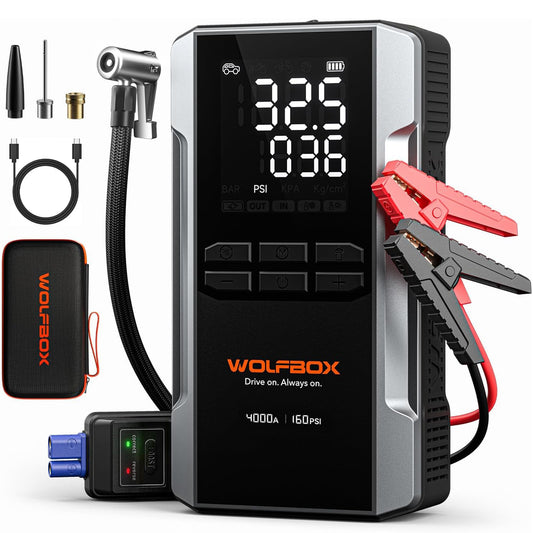 WOLFBOX 4000A Jump Starter with 160PSI Air Compressor, 12V Car Battery Booster, 65W Fast Charge, 88.8Wh Portable Tire Inflator, LED Display for 10L Gas & 10L Diesel Engines, LED Light, Jumper Cables