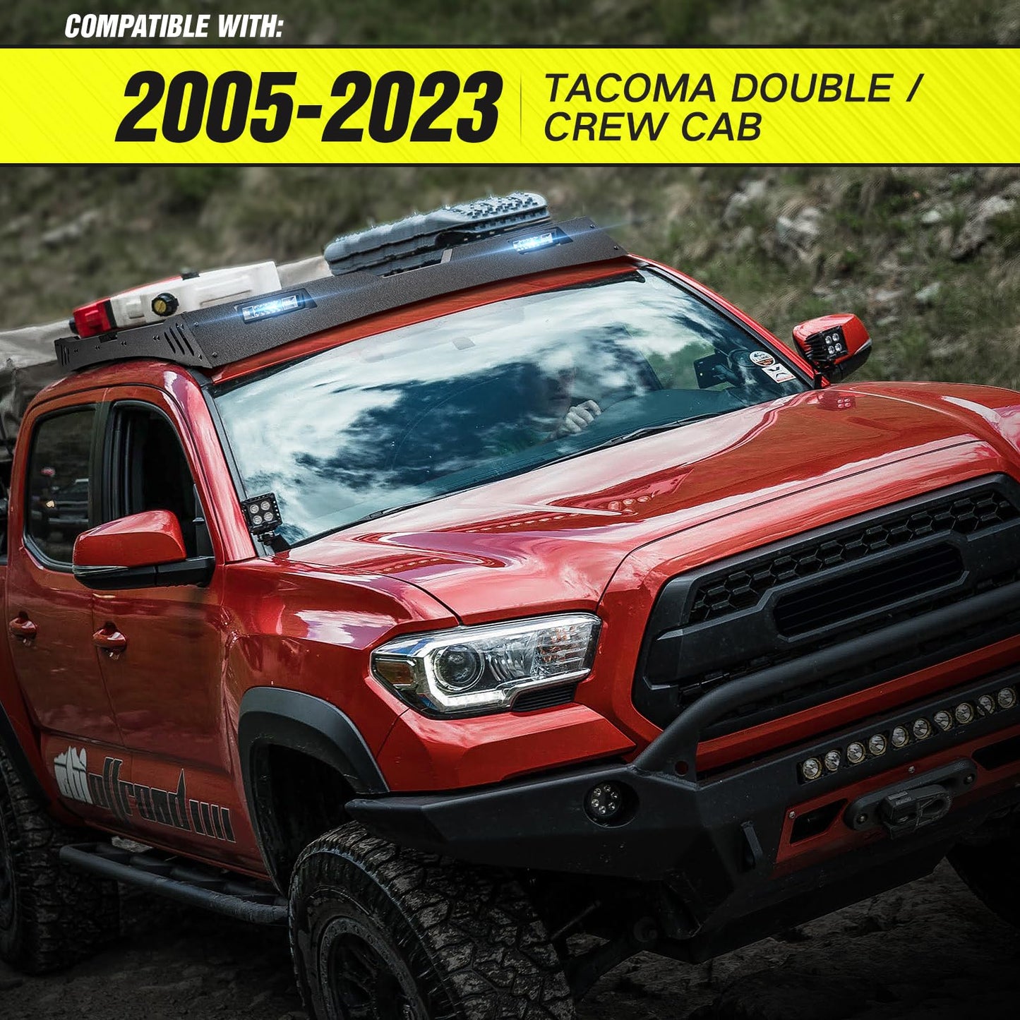 YZONA Roof Rack Cargo Basket with LED Light Bar fits 2005-2023 Tacoma Double Cab/Crew Cab (4 Full Size Doors), Off-Road Truck Cargo Carrier Rooftop Luggage Storage Holder