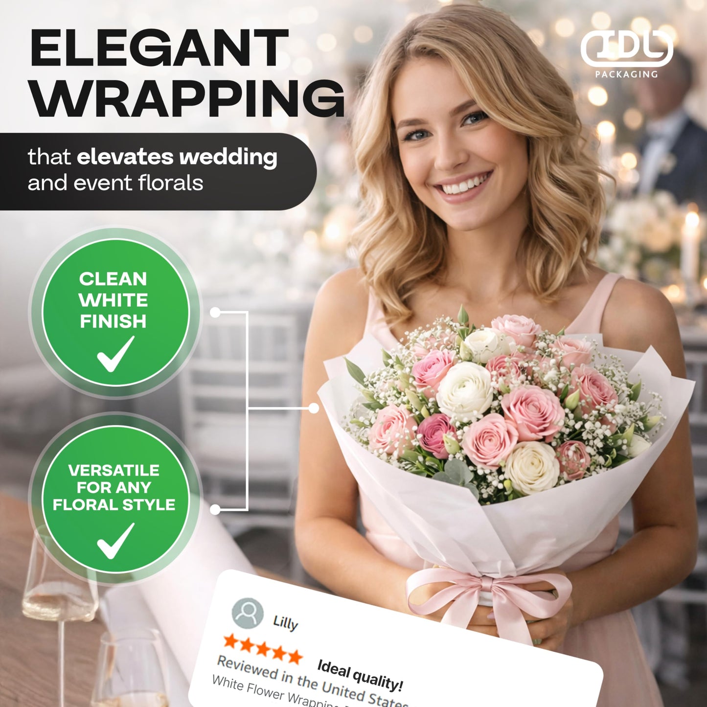 White Flower Wrapping Paper, 18"x1200" (100 feet) - USA-Made Premium 50lb Thick Bouquet Wrapping Paper - Elegant Flower Wrap Roll for Weddings, Ceremonies & Special Events by IDL Packaging
