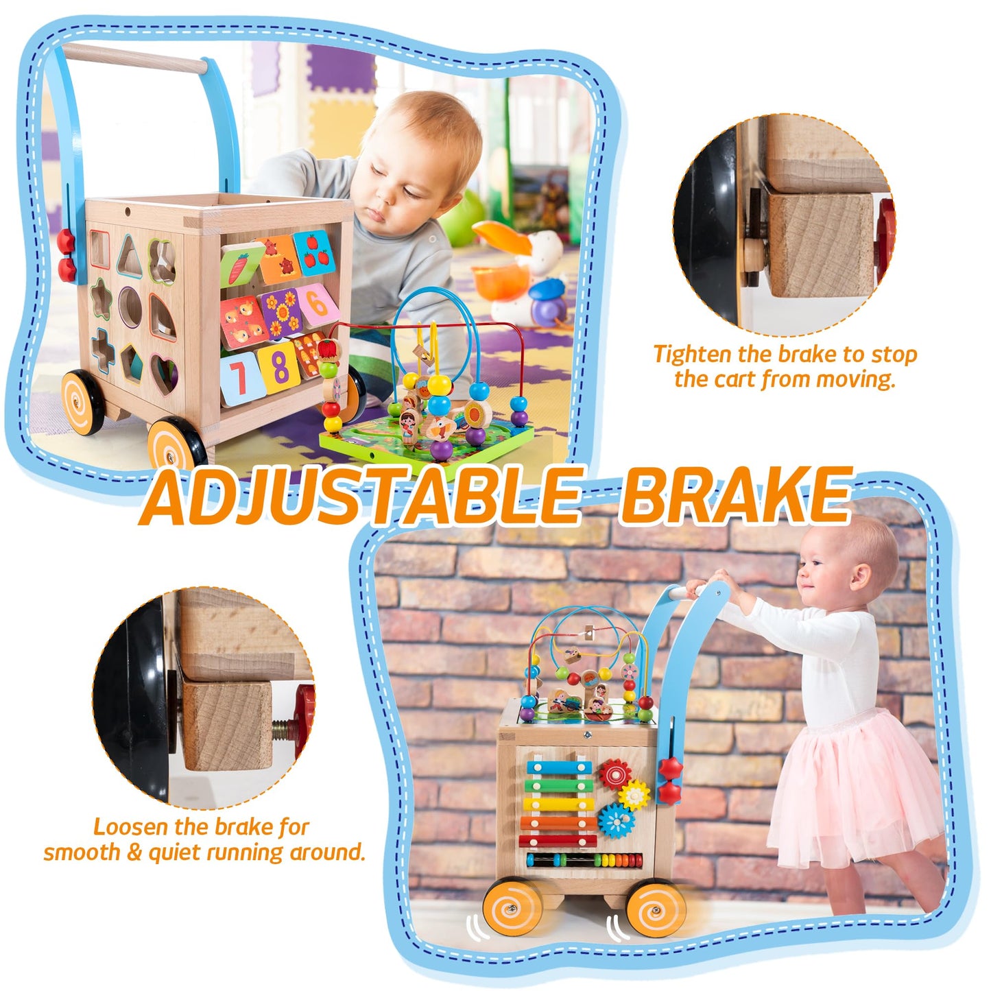 Wooden Baby Walker | Baby Push Walker with 9-in-1 Activity Cube, Sit to Stand Learning Walker Toy with Wheels for Boys Girls, Montessori Activity Center Walker, Adjustable Speed & Height