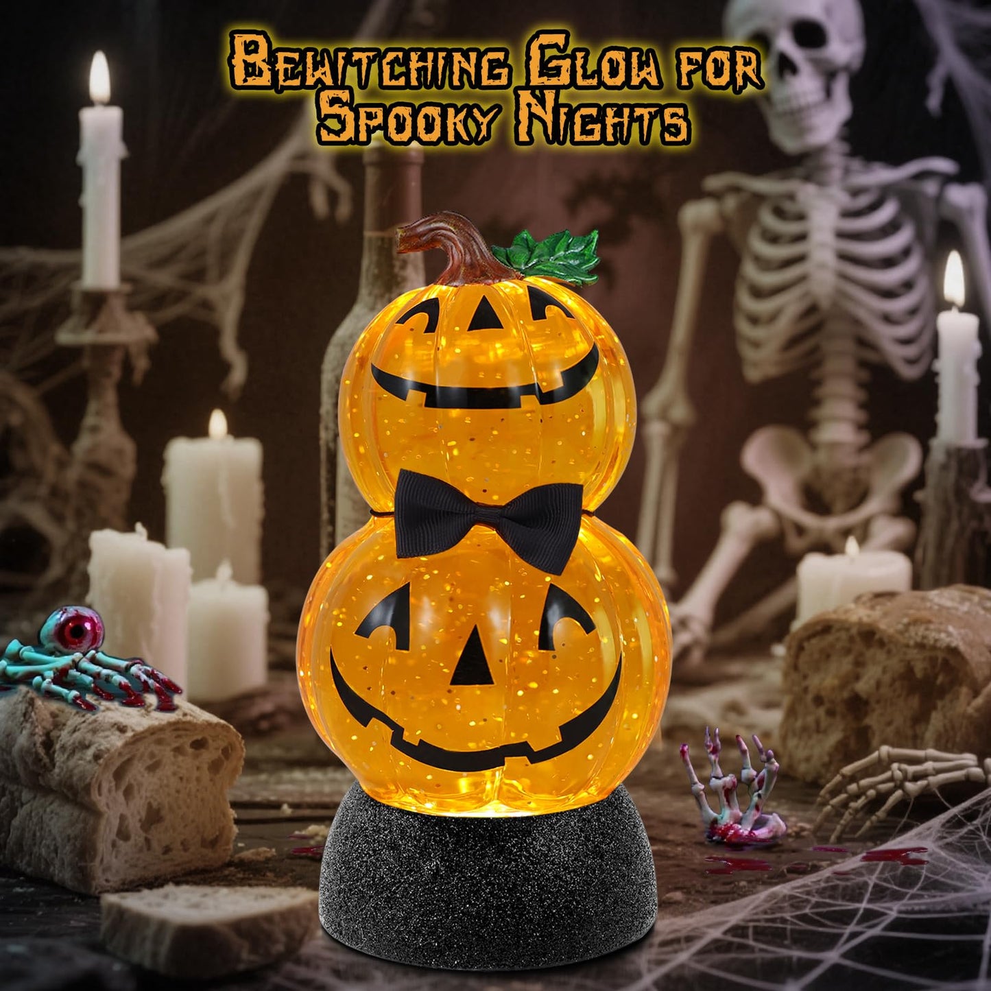 Halloween Snow Globe Lantern Lighted Pumpkin Musical Snow Globe Glitter with 6H Timer Battery and USB Operated Halloween Snow Globes Water Lantern for Spooky Festival Party Decoration (Pumpkin)