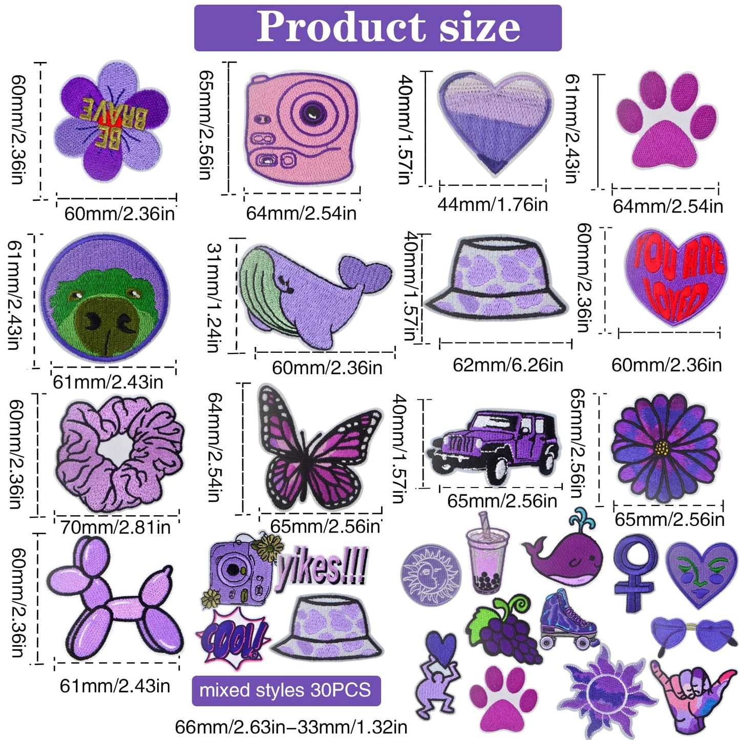 30pcs Purple Series Embroidered Iron on Patches Mixed Daisy Flower Paw Print Letters Sewing Patch Appliques for DIY Clothing Jackets Jeans Pants Backpacks Repair Decoration
