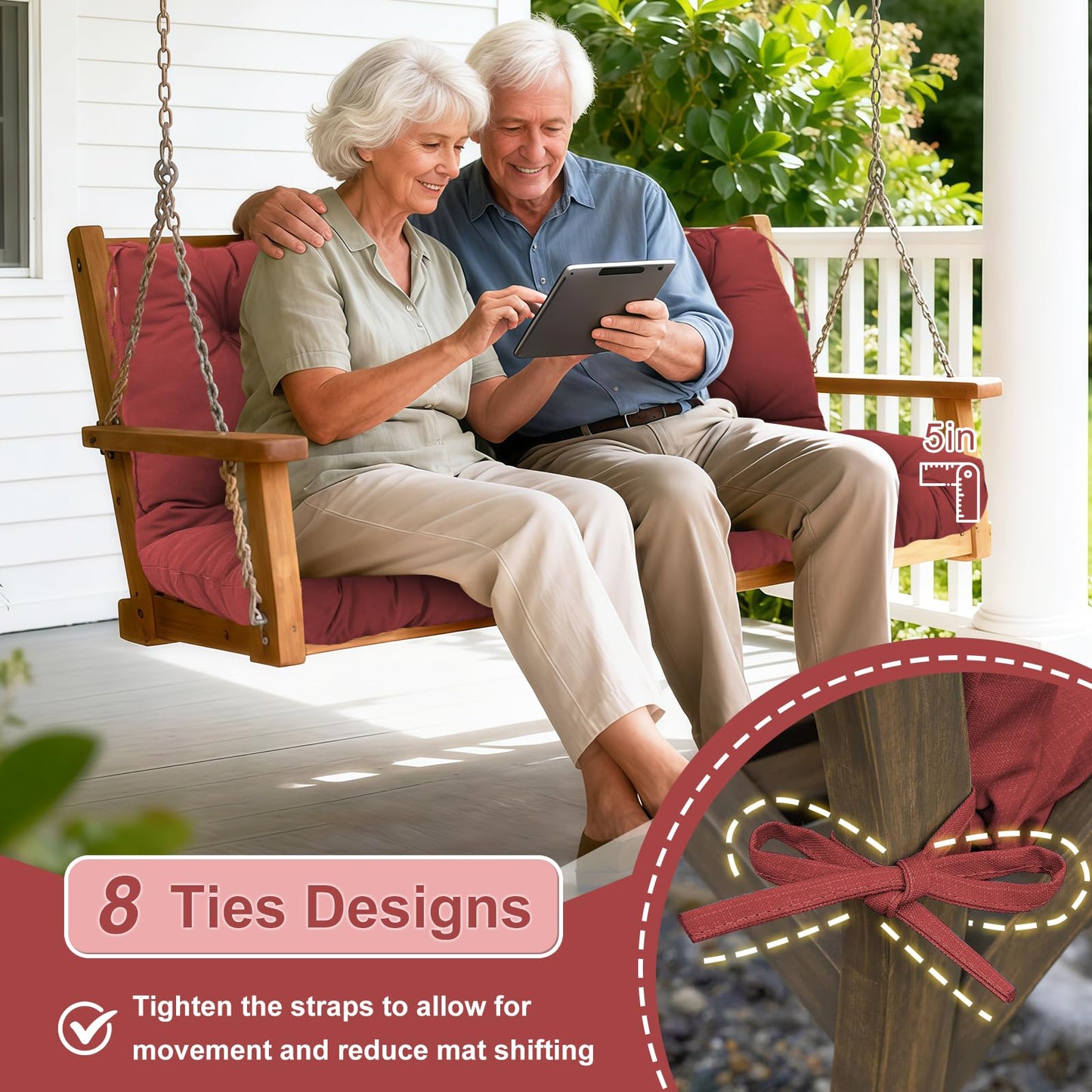 Porch Swing Cushions Outdoor 60 inch x 40 Waterproof Swing Cushions 3 Seater Replacement with Backrest & 8 Ties 5" Thick Bench Swing Cushions for Outdoor Furniture Patio(Wine red)