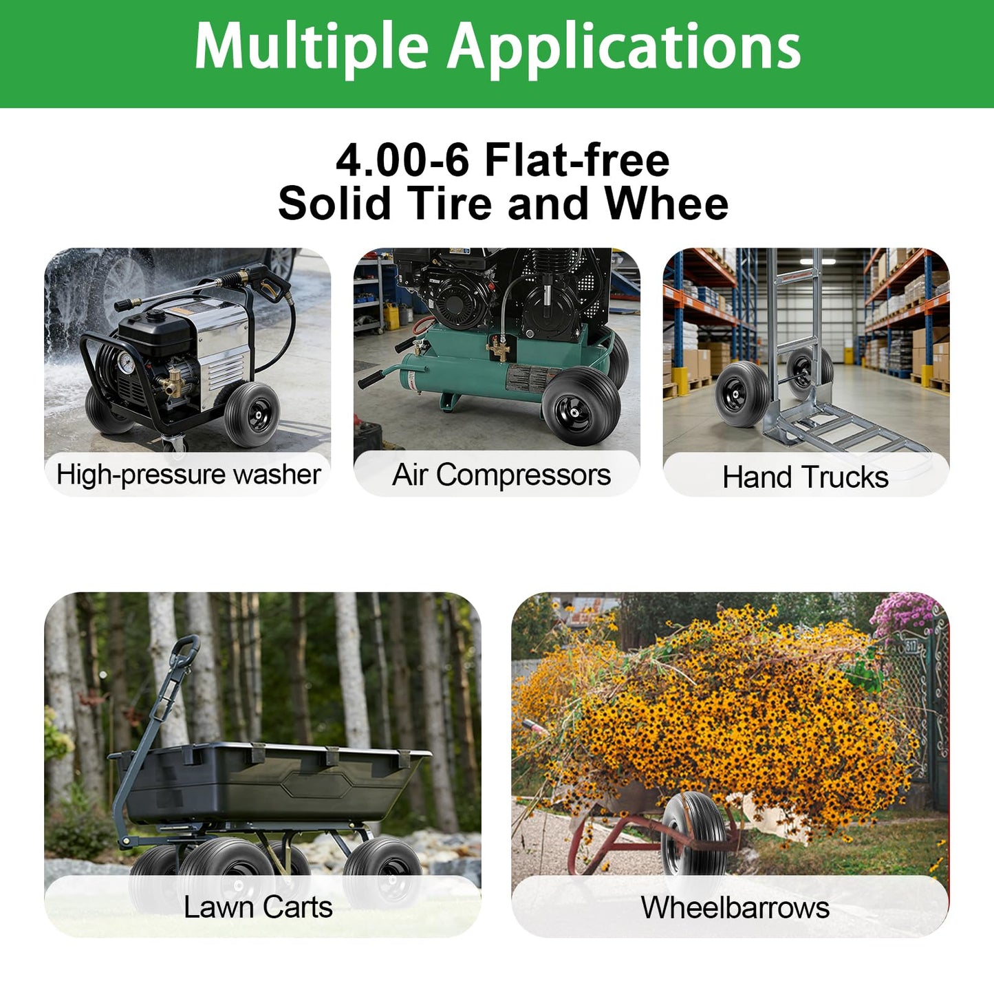 LTNICER 4.00-6 Flat-free Solid Tire and Wheel, 13" Wheelbarrow Wheels and Tires with 5/8" or 3/4" Bearings, 1.75" Centered Hub for Wheelbarrow/Wagon/Trolley/Garden Scooter Cart(2 PCS)