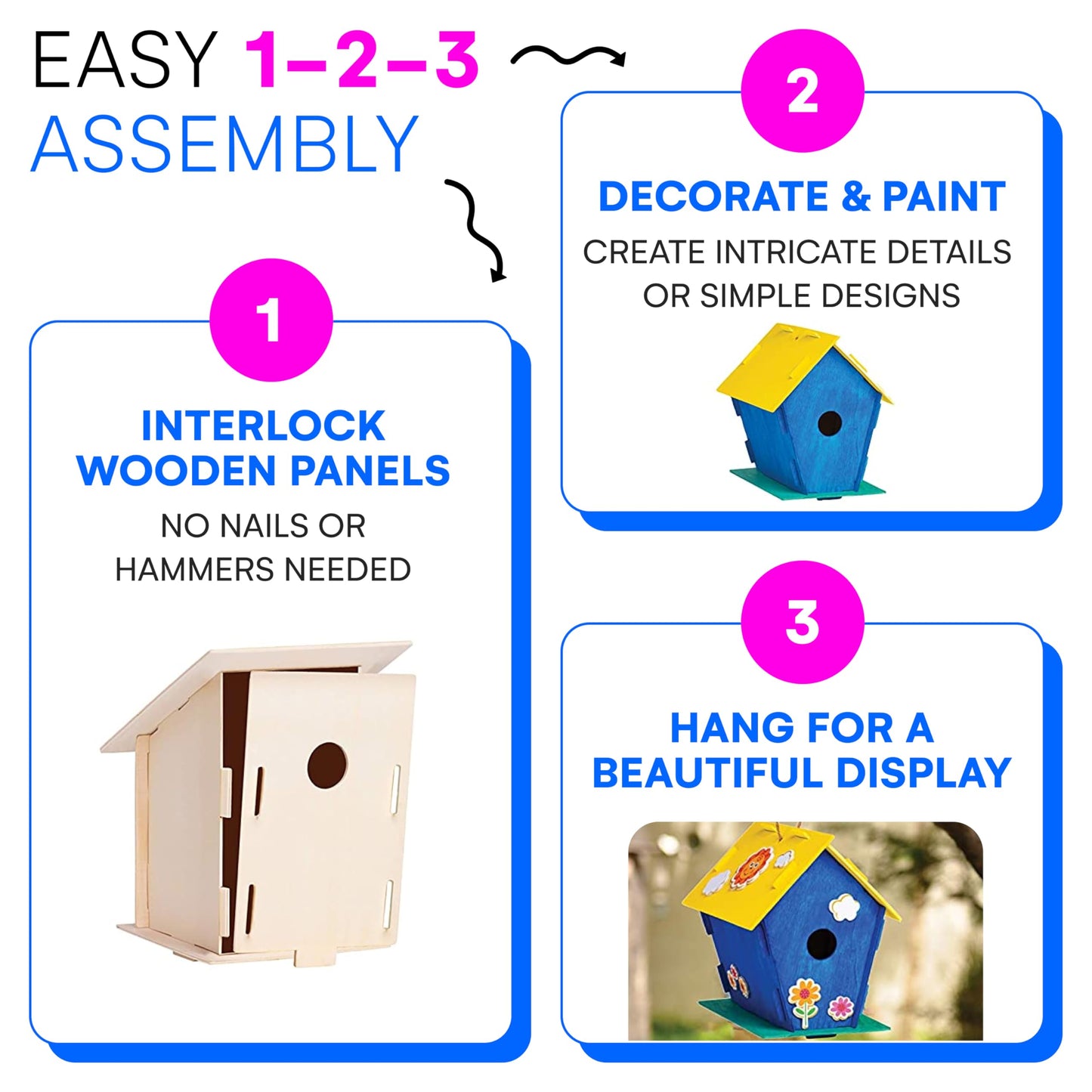 Neliblu 2 Pack Birdhouse Kits for Kids - 6.1" x 5.9" x 3.0" - DIY Craft and Garden Decoration, Pre-cut, Easy to Assemble for Birdwatchers - Includes Paints, Brushes, Birdhouse Kits for Adults to Build