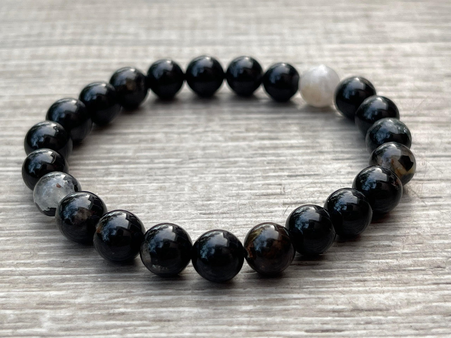 GAF TREASURES Black Tourmaline With Quartz Crystal Bead Bracelet 6-8mm, Genuine Black Tourmaline With Quartz Stretch Gemstone Bracelet, Healing Crystal Bracelet, Gift for Men & Women (1)
