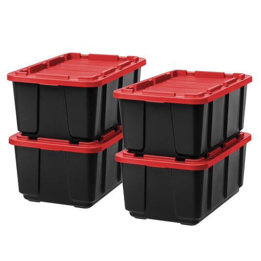 IRIS USA 27 Gallon Heavy Duty Truck Bed Toolbox Storage Tote Bins with Lids, 4 Pack - Made in USA, Tough Snap On Lockable Lid Stackable Industrial Tubs, Garage Organization Reusable Box - Red