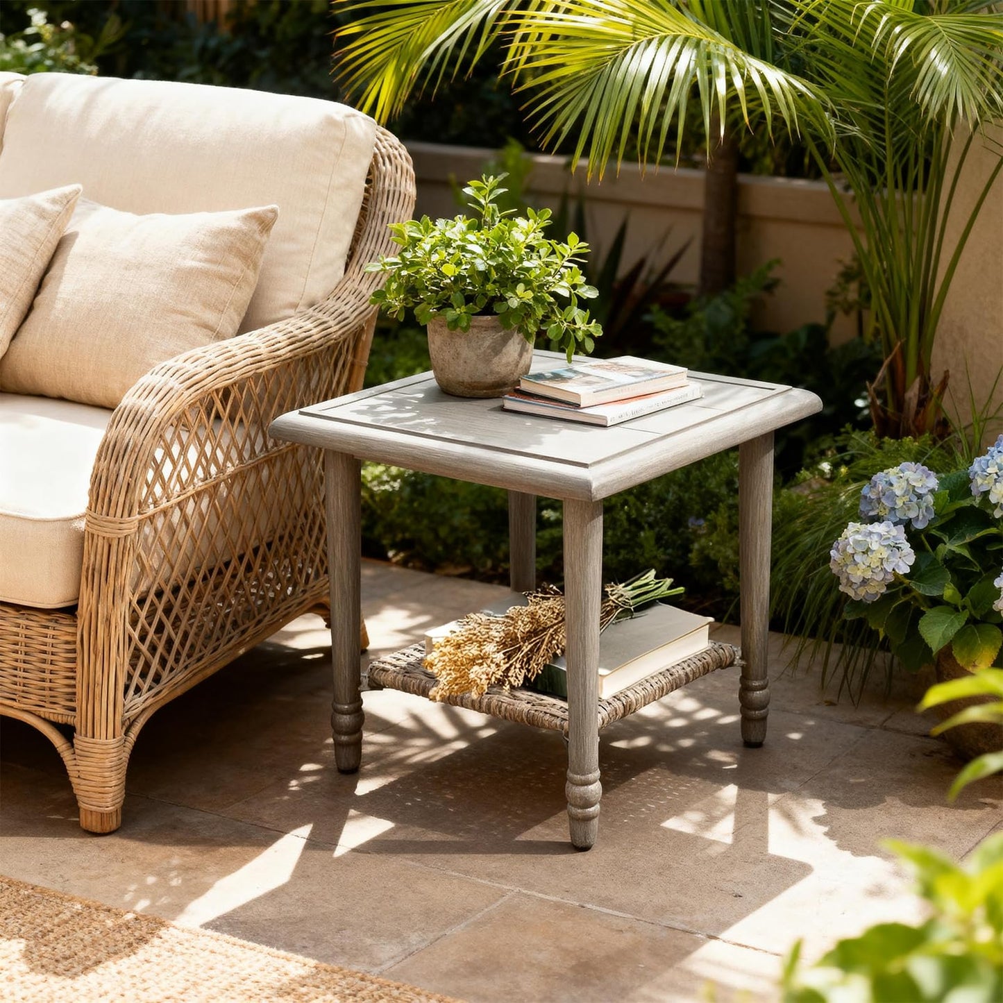 MOLIBYME Wicker Outdoor Side Table with Storage, Small Square Patio Side Table for Porch Balcony Deck Garden Poolside(1PC)