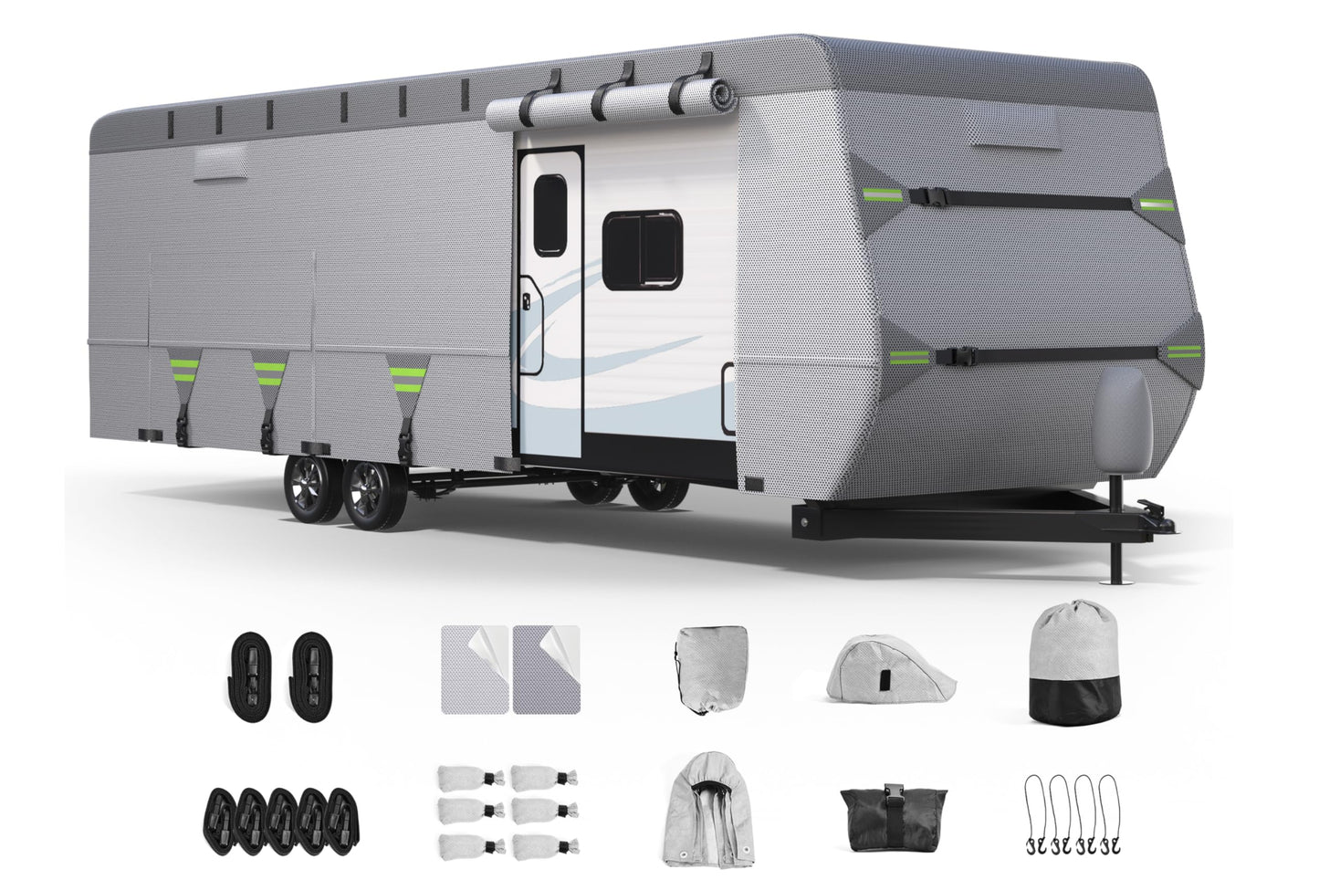 ACTFLAME Travel Trailer Cover, Waterproof RV Cover Non-Woven Fabric with Anti-UV, Extra Windproof Straps (Fits 27-30FT)