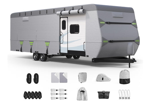 ACTFLAME Travel Trailer Cover, Waterproof RV Cover Non-Woven Fabric with Anti-UV, Extra Windproof Straps (Fits 27-30FT)
