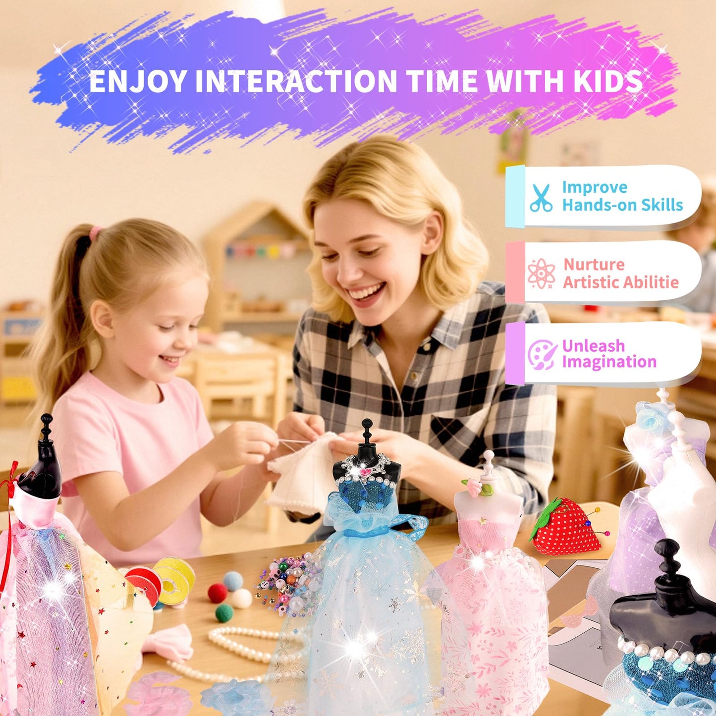 1000+ PCS Fashion Designer Kits for Girls, Sewing Kit for Kids with 4 Mannequins, DIY Doll Clothes Dress Making Kit, Arts and Crafts Sewing Kit Birthday Gifts for Teen Girls Age 6 7 8 9 10 11 12+