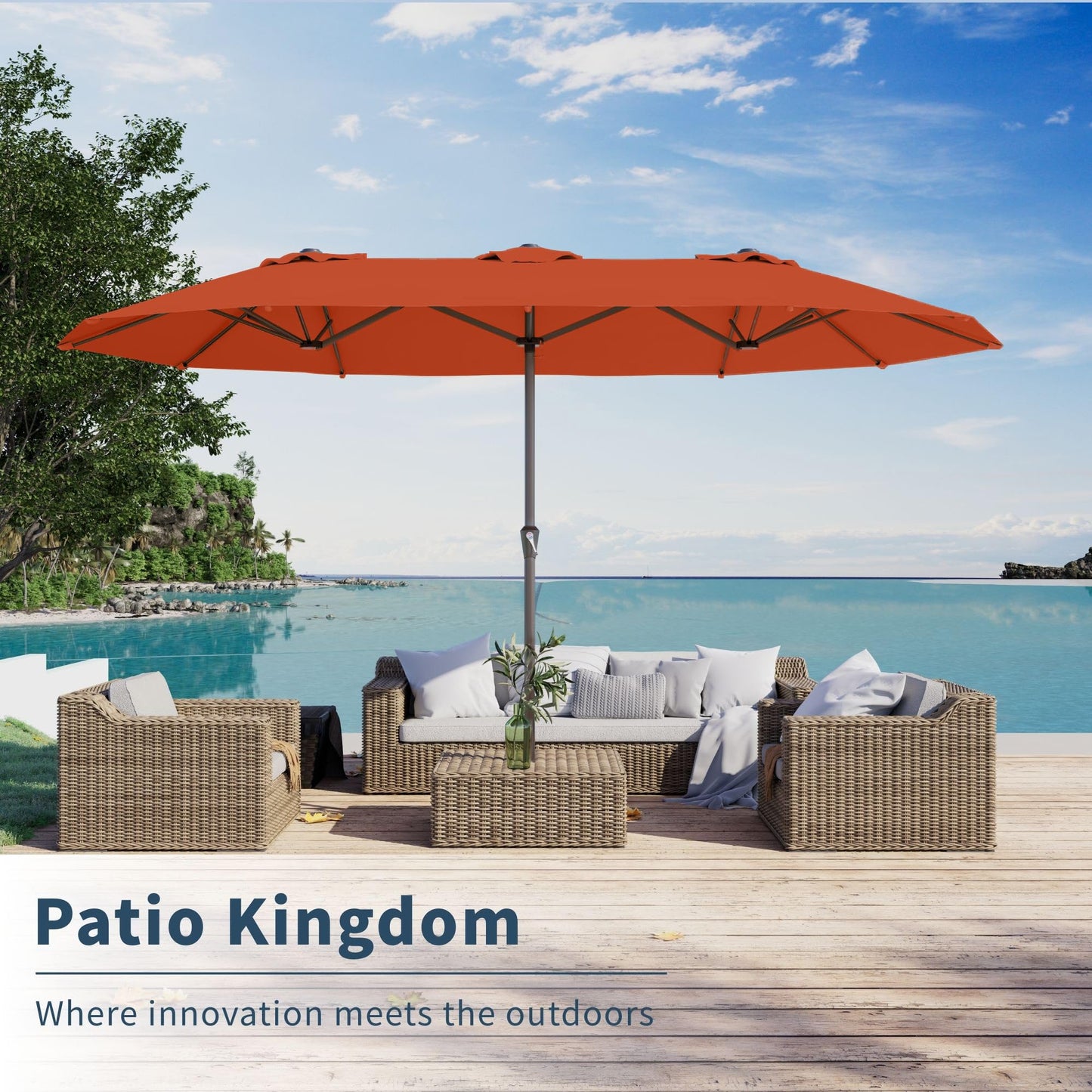 PatioKingdom 15FT Large Patio Umbrella with Base, Double Sided Rectangular Outdoor Umbrella with Sturdy Fiberglass Ribs, Market Umbrella for Pool,Garden,Backyard,Deck (Orange, 15FT)