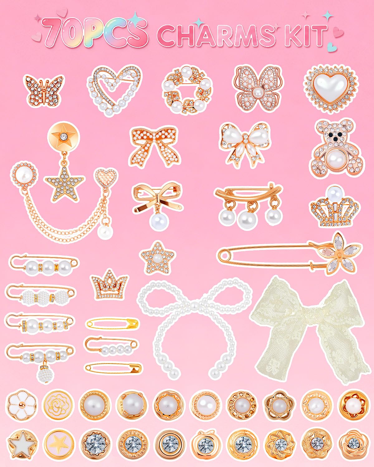 LovelyMoon 70Pcs Junk Socks Charms Kit with Letter Beads, Gold Charm for Socks and Sneakers, Brooches and Pins for Women, Charms for Sock Safety Pin, Junk Charm with Pearl, Rhinestone
