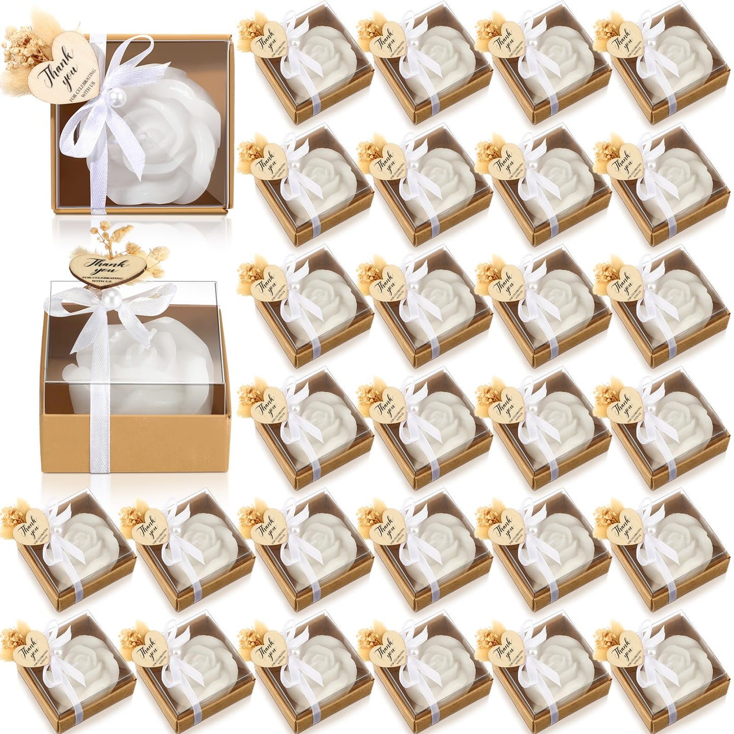Threlaco 50 Sets Rose Candles Scented with Dried Flower Mini White Rose Petal Candle Gifts Gift Set for Wedding Bridal Shower Baby Shower Birthday Party Favors Decoration