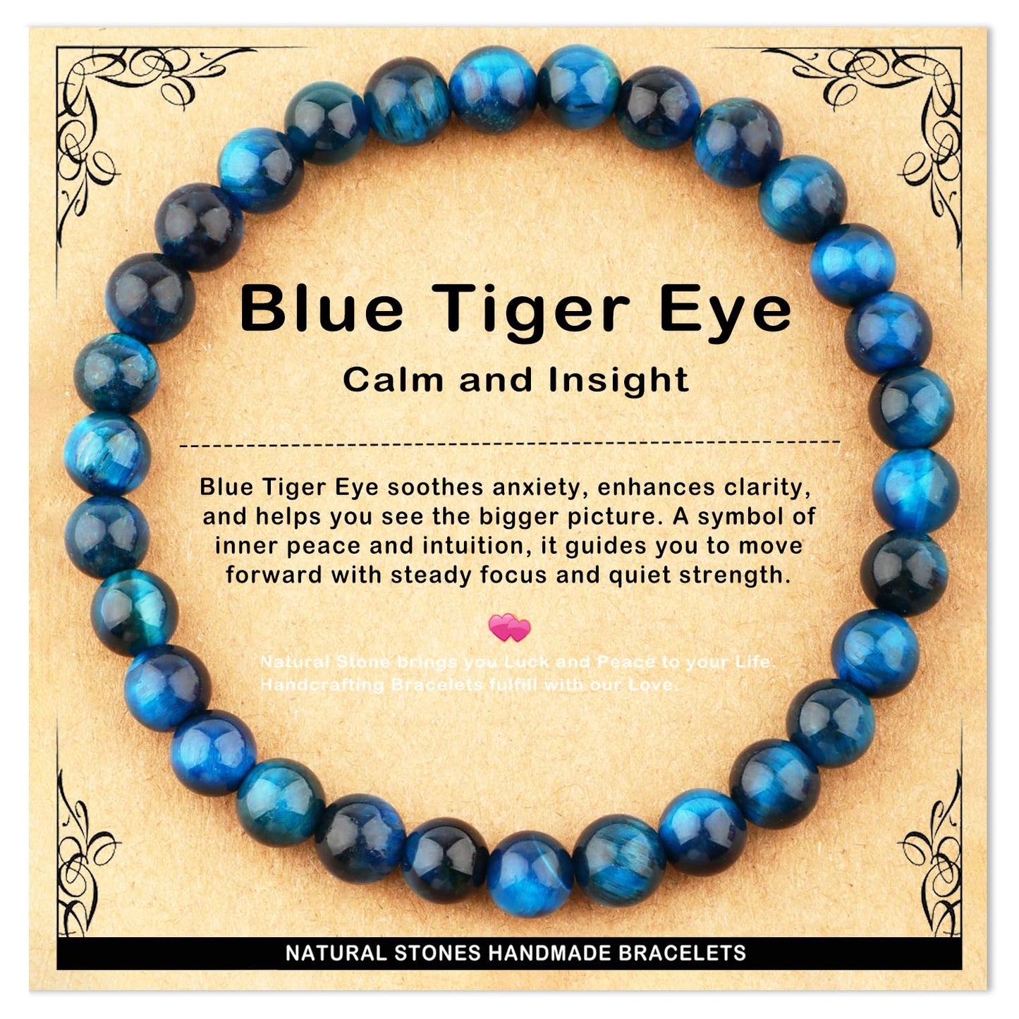 AD Beads 6mm Handmade Blue Tiger Eye Elastic Bracelet – Natural Gemstone for Calm and insight – Meditation, Yoga, Healing and Energy Gift for Men Women