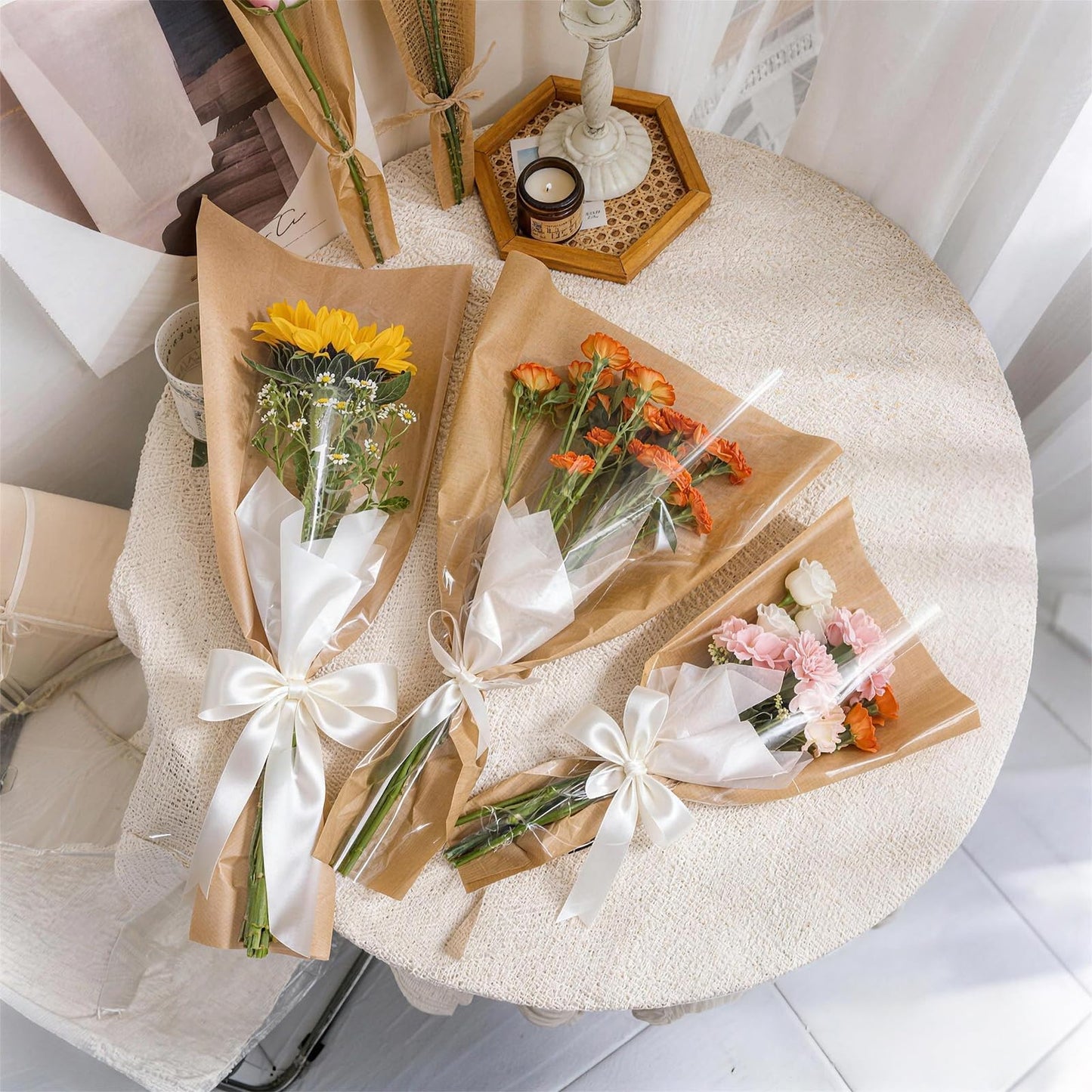 50 PCS Flower Wrapping Paper Sleeves for Bouquets, Kraft Bouquet Bags with Ribbons, Bulk Flower Sleeves for Mother’s Day Wedding Graduation Valentine, Florist Packaging Supplies, 17.7 x 9.4 x 3.5 Inches