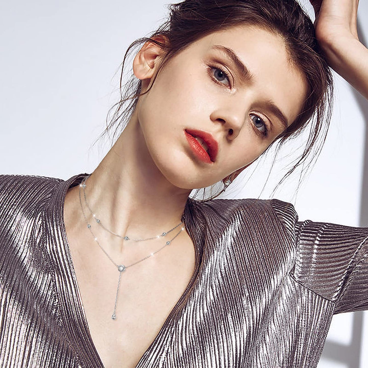 FLYOW Layered Necklace S925 Sterling Silver Teardrop Double Choker Y Lariat Long Necklace Mothers Day Birthday Gifts for Women