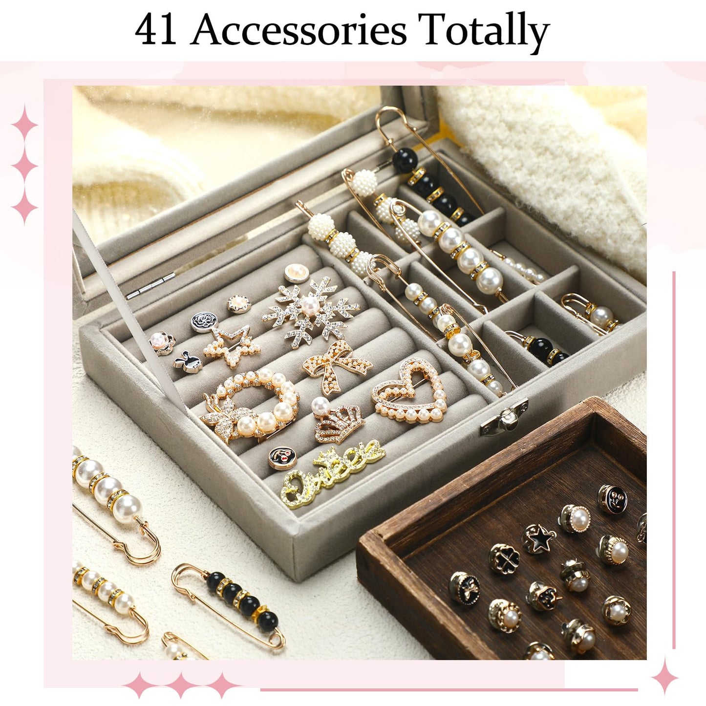 Cutecrop 41 Pcs Sock Charms Kit with 4 Pairs Slouch Socks for Women, Jewelry Charms Pins Brooches for Women, Pearl and Rhinestone with Safety Pins, DIY Accessories for Decorating Shoe Sneakers