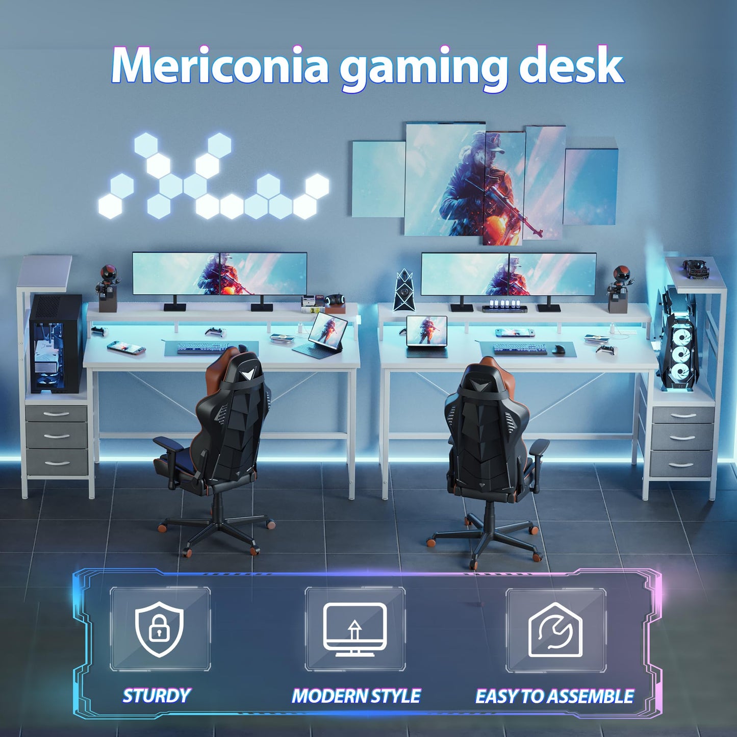 Mericonia Gaming Desk with Storage 60 inch, Computer Desk Gaming with LED Lights & Power Outlets, Reversible Large Gamer Table with PC Case Stand, Fabric Drawers, Office Desk with Shelves
