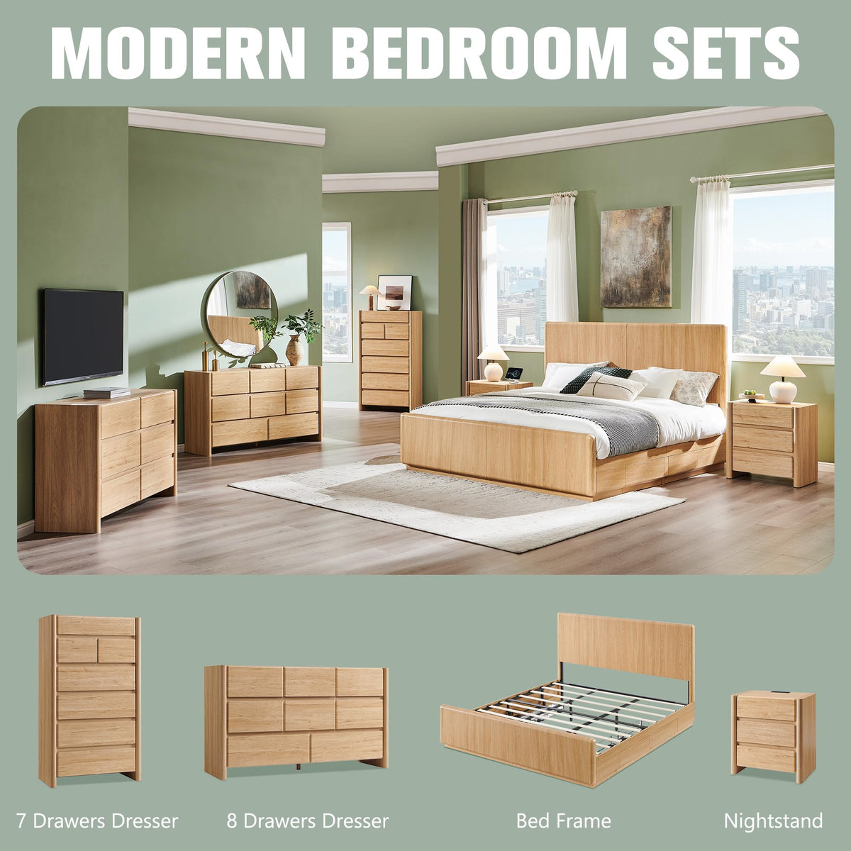 wow97e Modern 7 Drawers Dresser for Bedroom, 54.7" Tall Large Dresser & Chests of Drawers w/Rounded Corner, Wood Handleless Organizer Dresser w/Natural Texture for Bedroom, Living Room-Natural