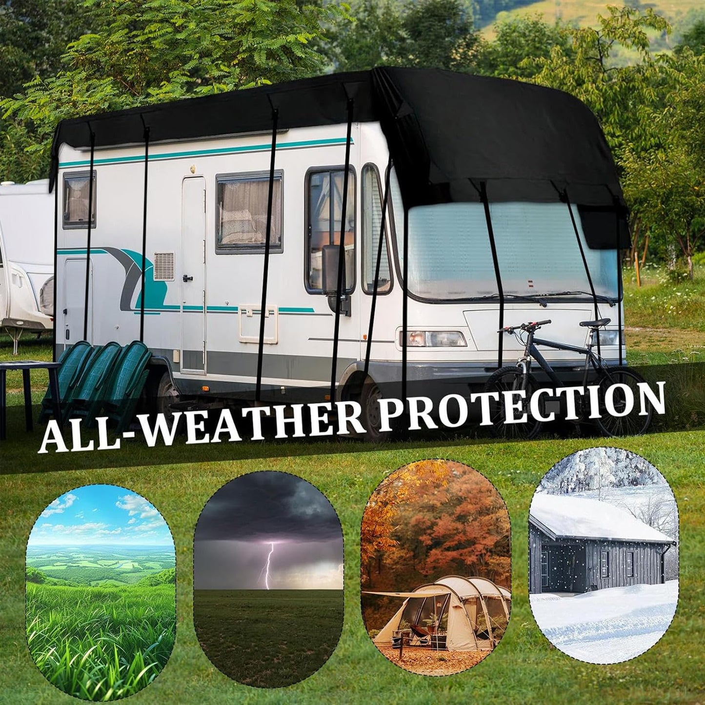 HFKJway 210D Oxford Travel Trailer Cover - Foldable, Easy to Clean Class C Rv Utility Cover, Black - 13m×3m