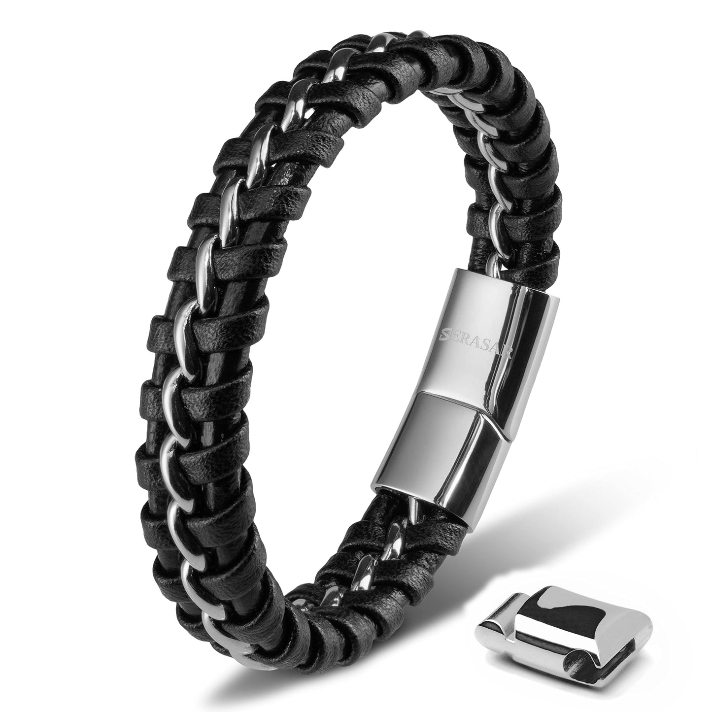 SERASAR Mens Leather Bracelets African Bracelet for Men Silver Cowhide Gift Box Braided Stainless Steel Jewelry Wrist Band Cuff Wrap Rope Bangle Dad Man Pulseras para Hombres Cuero Regalo