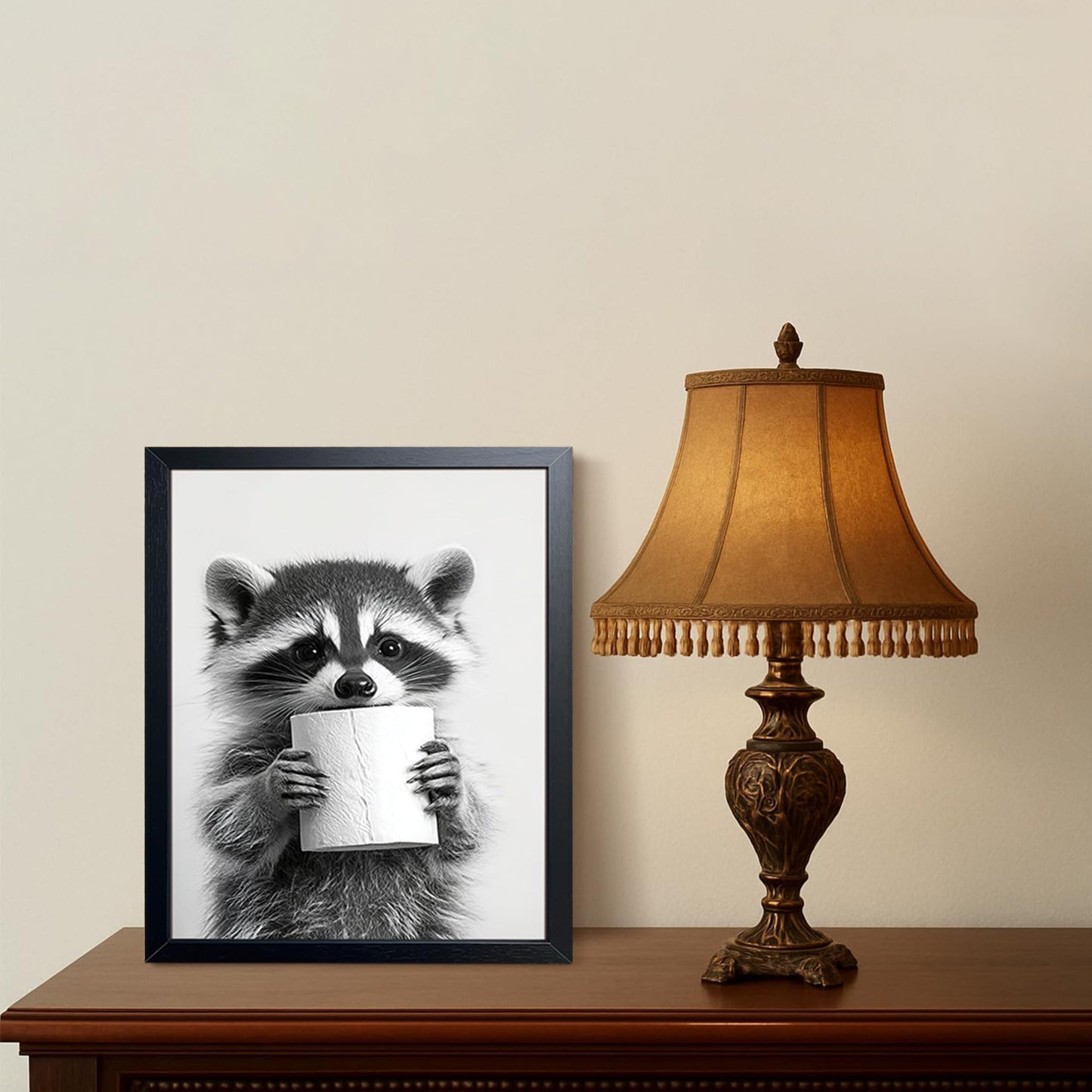 XYHYRA Bathroom Wall Art, Cute Black and White Raccoon Canvas Prints Poster, Funny Animal Decor Oil Painting, Modern Farmhouse Picture Artwork for Bathroom Toilet Wall Decor 8x10 Inch Framed