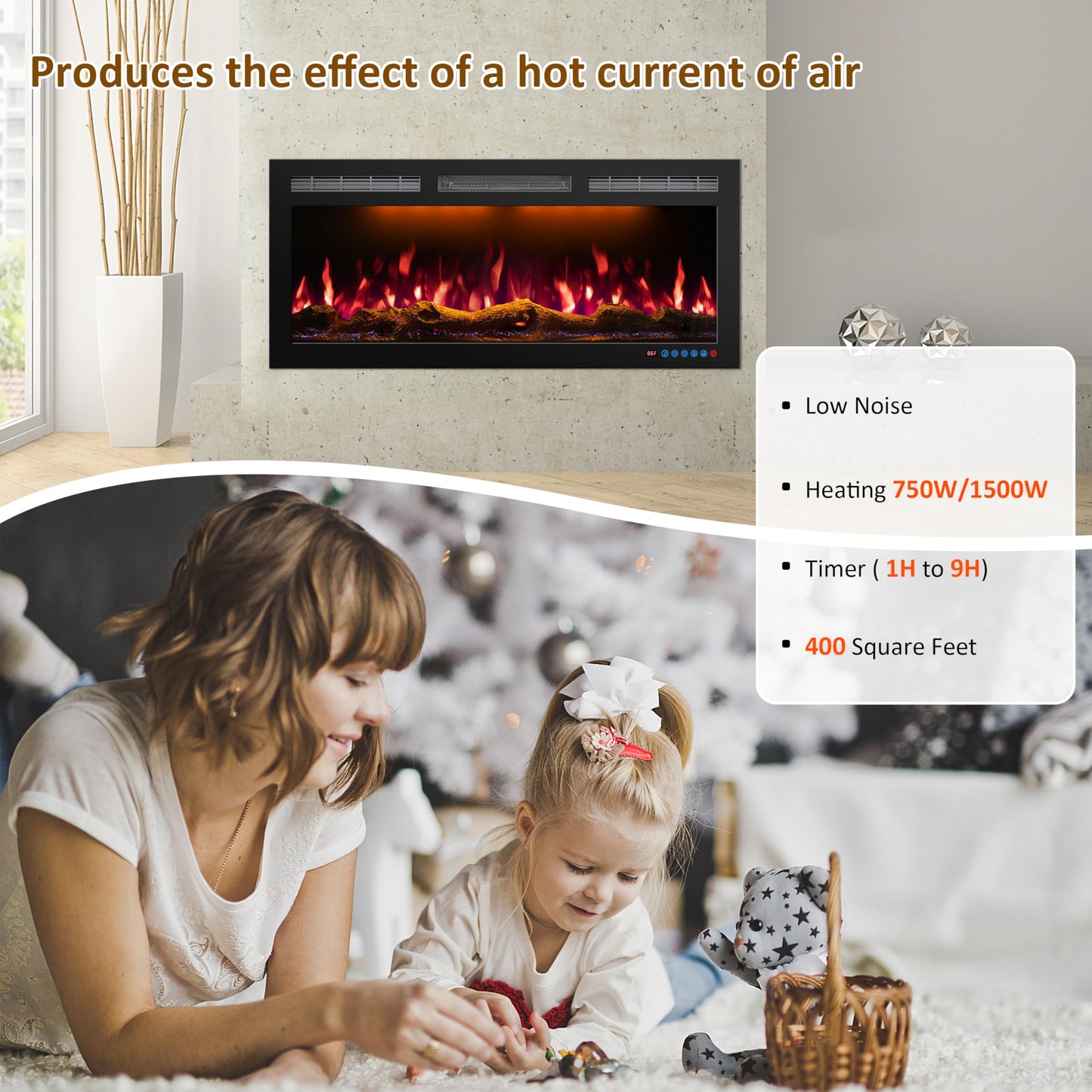 Mystflame 50 Inch WiFi Electric Fireplace Heater, Recessed or Wall Mounted, Ultra‑Slim 5.51" Deep, 750/1500W, 12 Flame Colors & 12 Ember Bed Colors,Remote & App Control, Works with Alexa & Google Home
