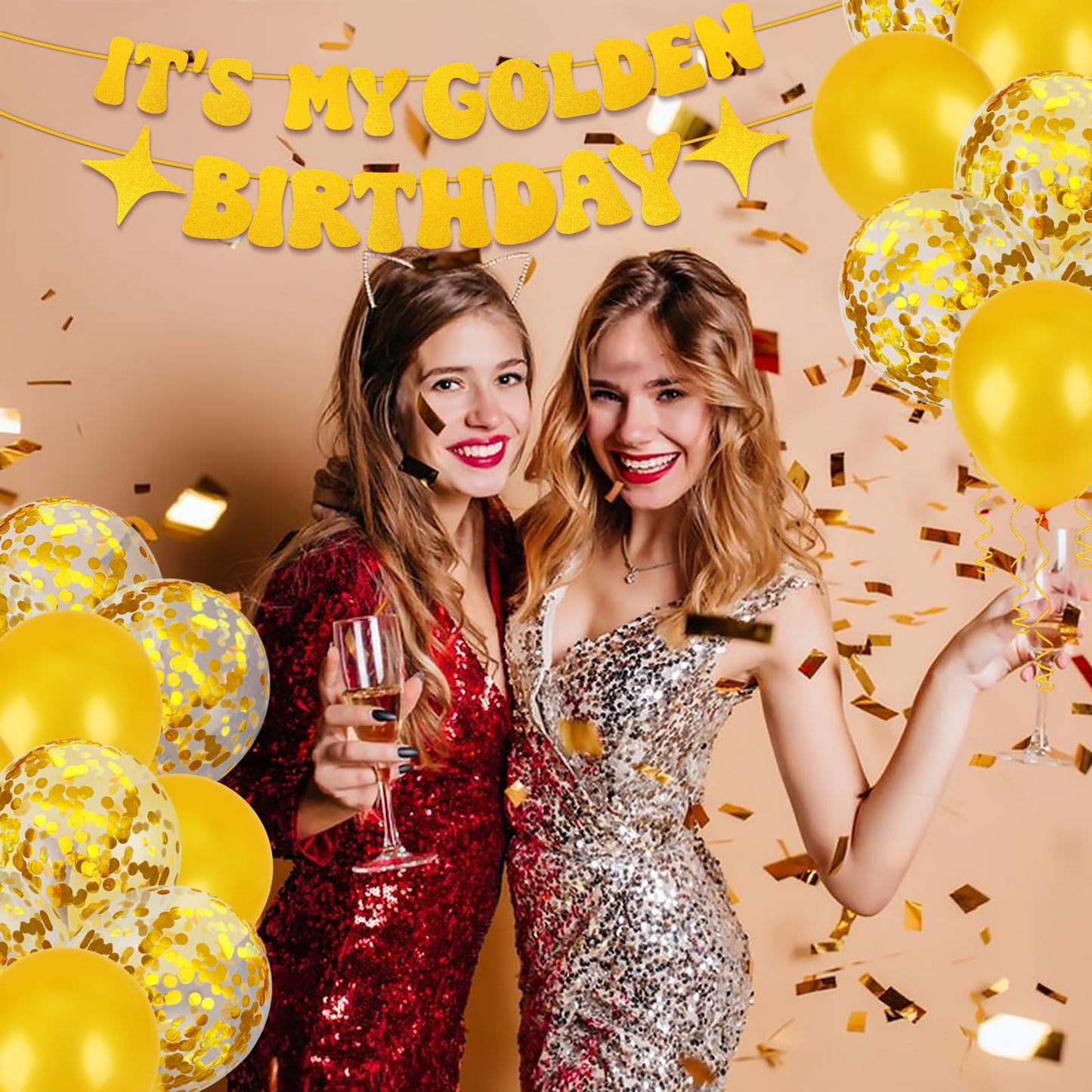 Golden Birthday Party Decorations PremiumIt’s My Golden Birthday Sash & Banner, Gold Cake Topper, Fringe Curtains, Balloons for Adult Women Men Party Supplies