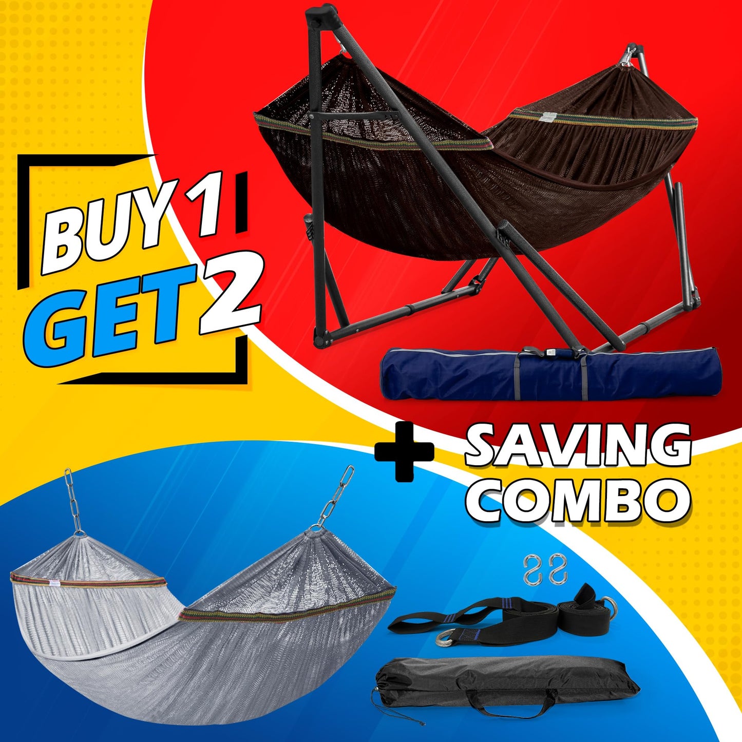 Tranquillo Combo x2 Hammocks with Stand for Outside & Tree Straps, Heavy Duty Hammock with Stand 600lbs for Indoor Outdoor Patio Backyard, x2 Hammocks for 2 Person (Combo - Brown, Medium)