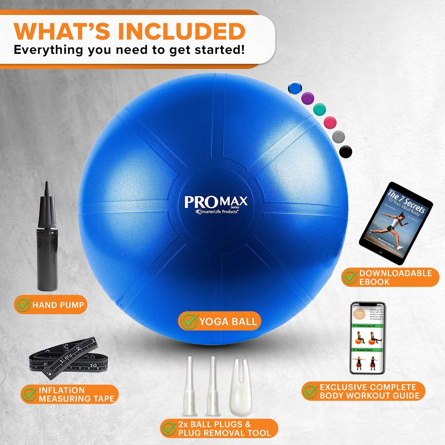 SmarterLife PRO MAX Exercise Ball – Yoga, Stability & Balance Trainer for Core Workouts, Fitness, Physical Therapy, Pregnancy & Office Chair Support – Anti-Slip, Anti-Burst (65 cm, Blue)