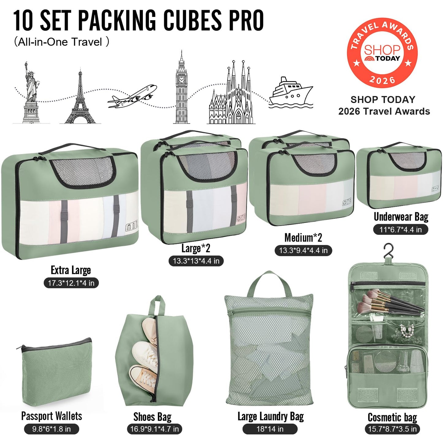 Veken 10 Set Packing Cubes for Travel Essential, Suitcase Organizer Bags in 4 Sizes, Carry-On Luggage Accessories with Large Laundry & Hanging Toiletry Bag, Must-Have for Airplane, Road Trip & Camping