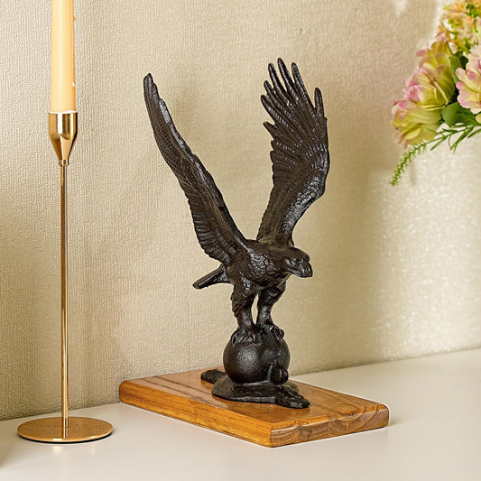 Sungmor Cast Iron Flying Eagle Statue for Good Luck, Vintage Home Office Desk Shelf Decor Figurine, Large Eagle Statue Standing on Wood, Bookshelf Display Collectible Accent Sculpture, Award Gift Idea