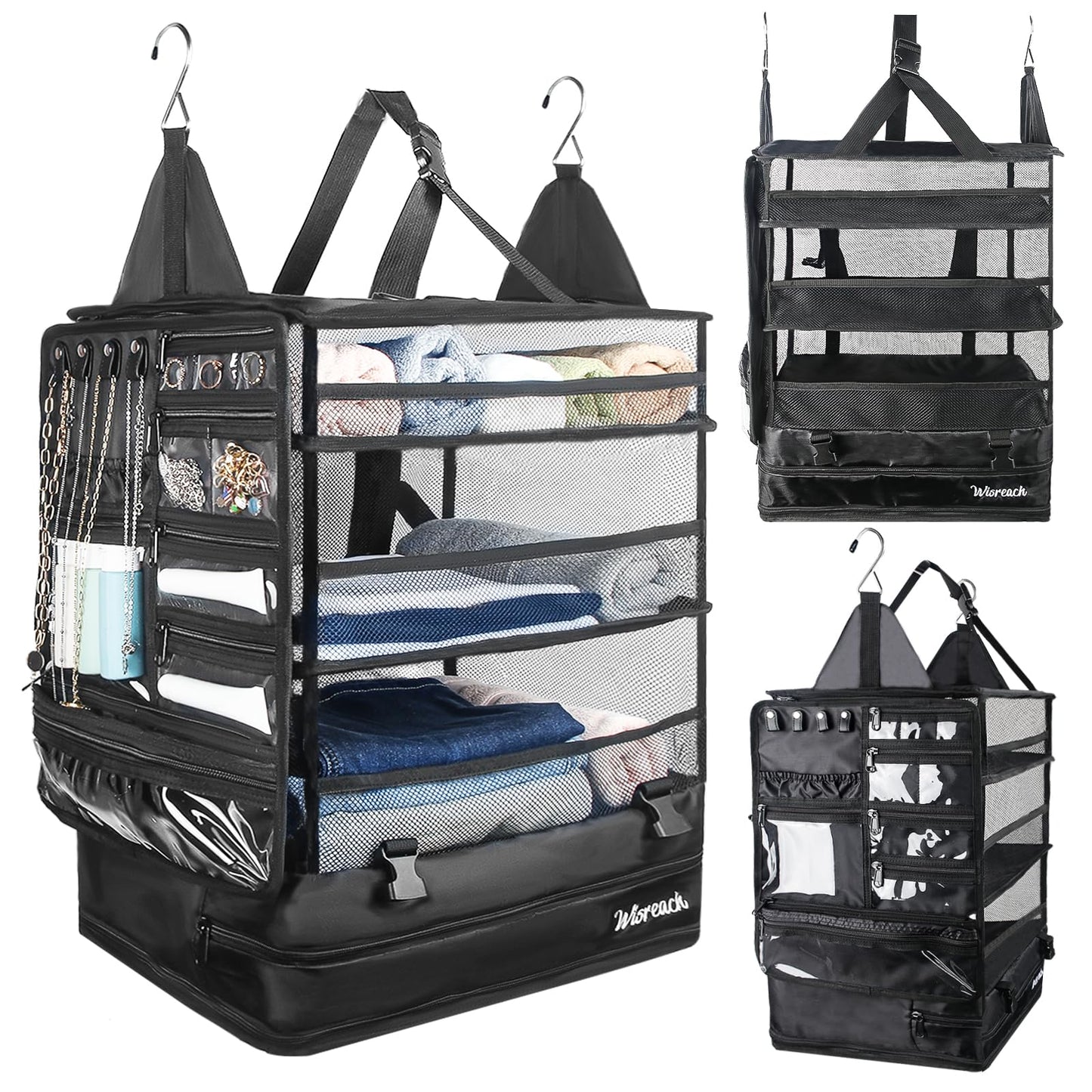 Wisreach Hanging Suitcase Organizer & Travel Shelves, Packing Cubes for Travel, Suitcase Organizer for Carry-on Luggage, Easy Packing & Wrinkle-Free Clothes, Black (Fits Most Travel Bags)