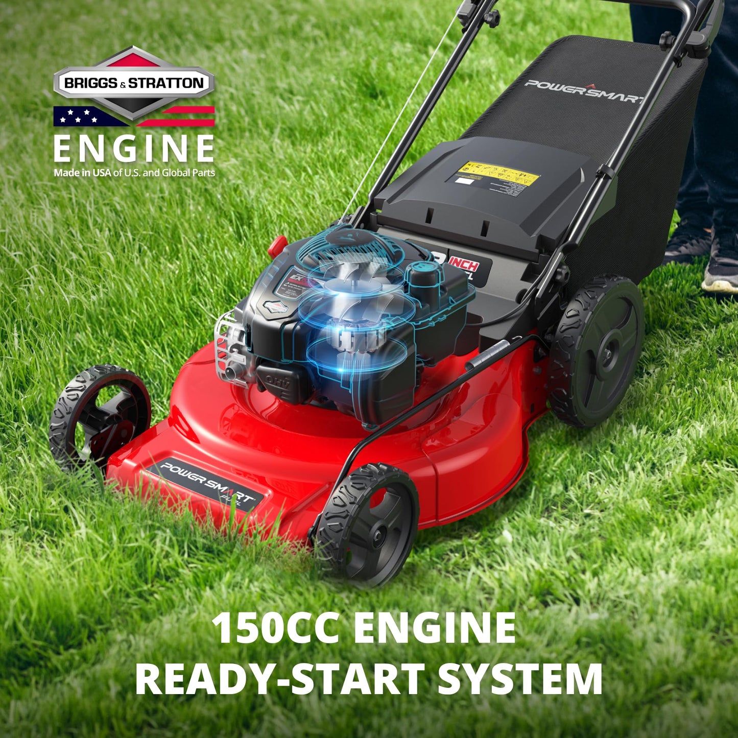 PowerSmart 22-Inch Gas Lawn Mower, 150cc B&S Engine, Self-Propelled, 3-in-1 Mulching System, 6 Cutting Heights, Rear-Wheel Drive, Durable Steel Deck