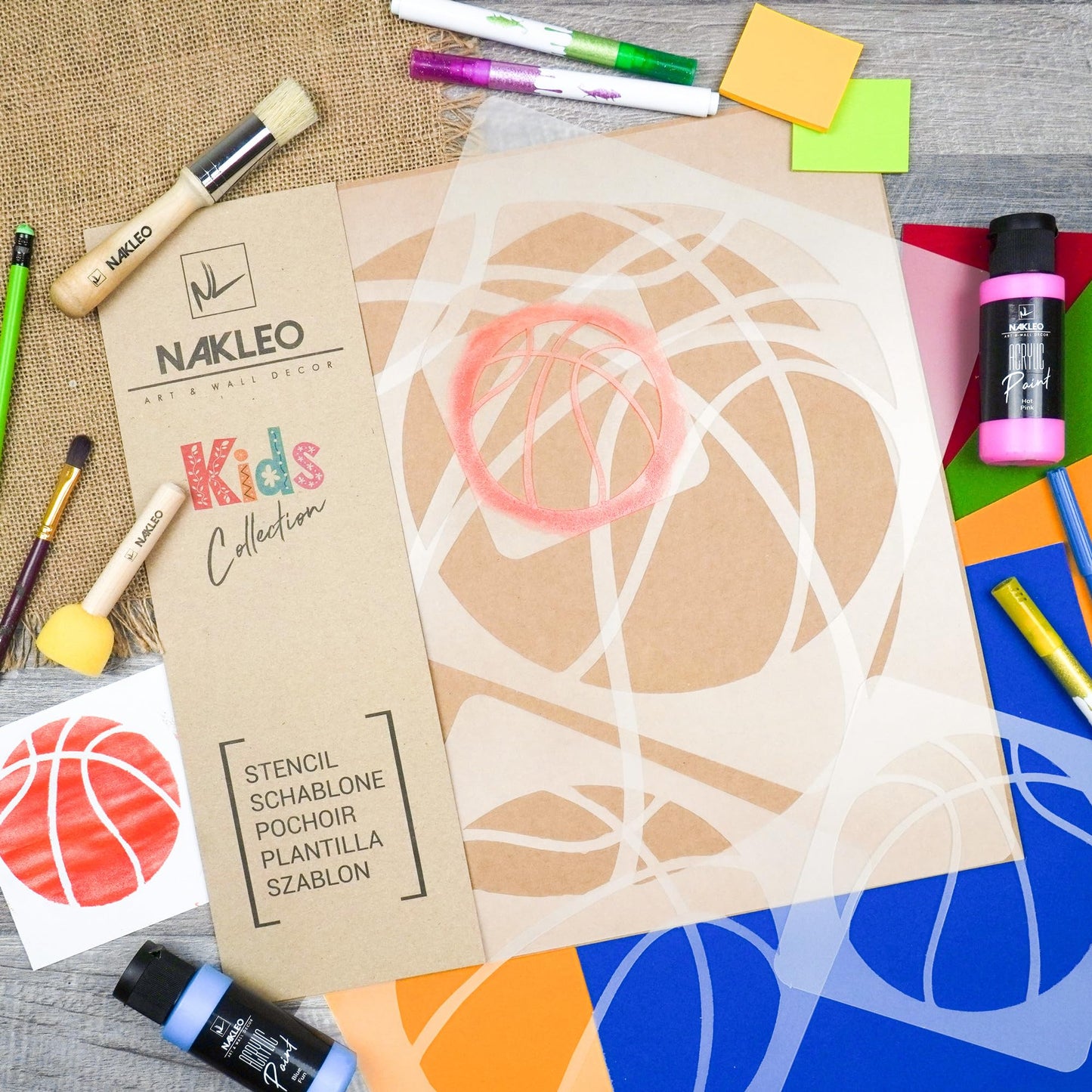 NAKLEO Painting Stencils Set for Kids, 5 Pcs Templates 3.5" to 13.4" Basketball Basket Ball, Plastic and Reusable Drawing Stencils, Children Room Decor, Craft DIY Wall Furniture