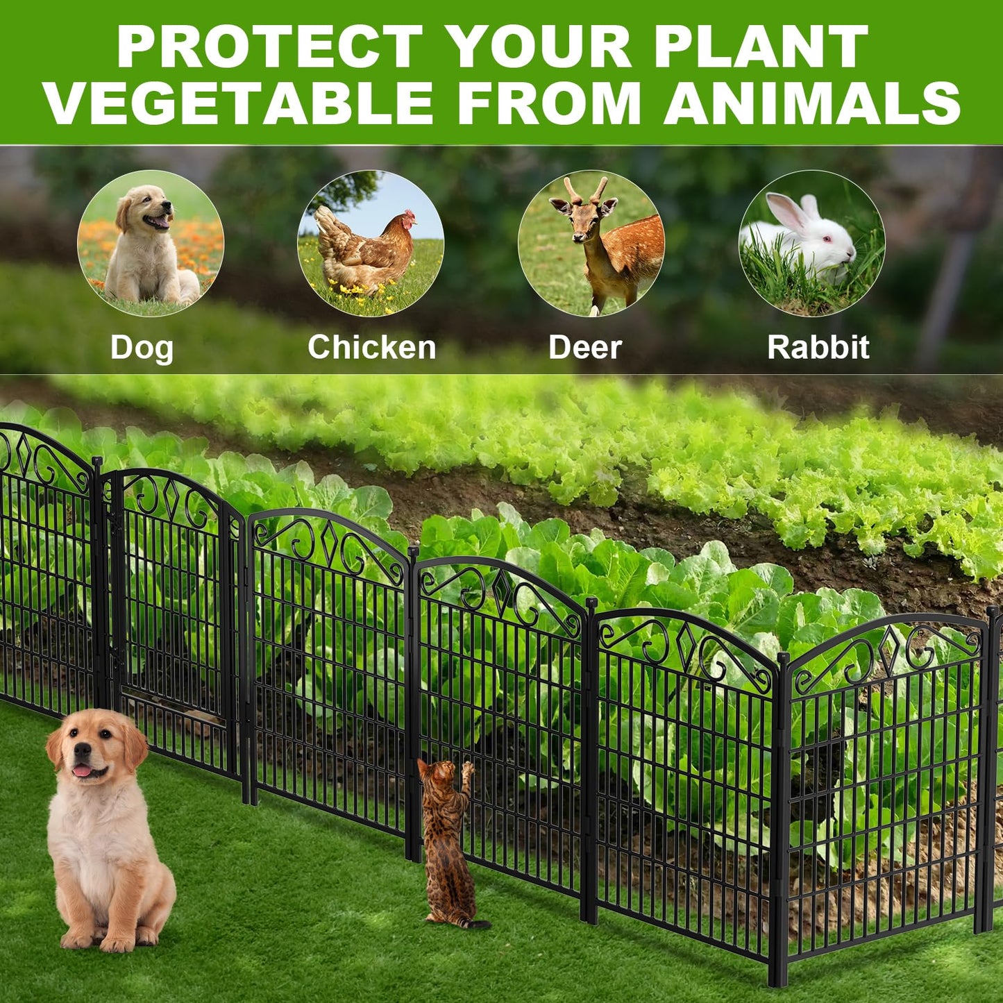 10 Panels No Dig Decorative Garden Fence with Gate, GATKITOM 31.3in(H) x 21.7ft(L) Rustproof Animal Barrier Metal Dog Fence Outdoor for Yard, Patio, Temporary Garden Fencing with Ground Stakes