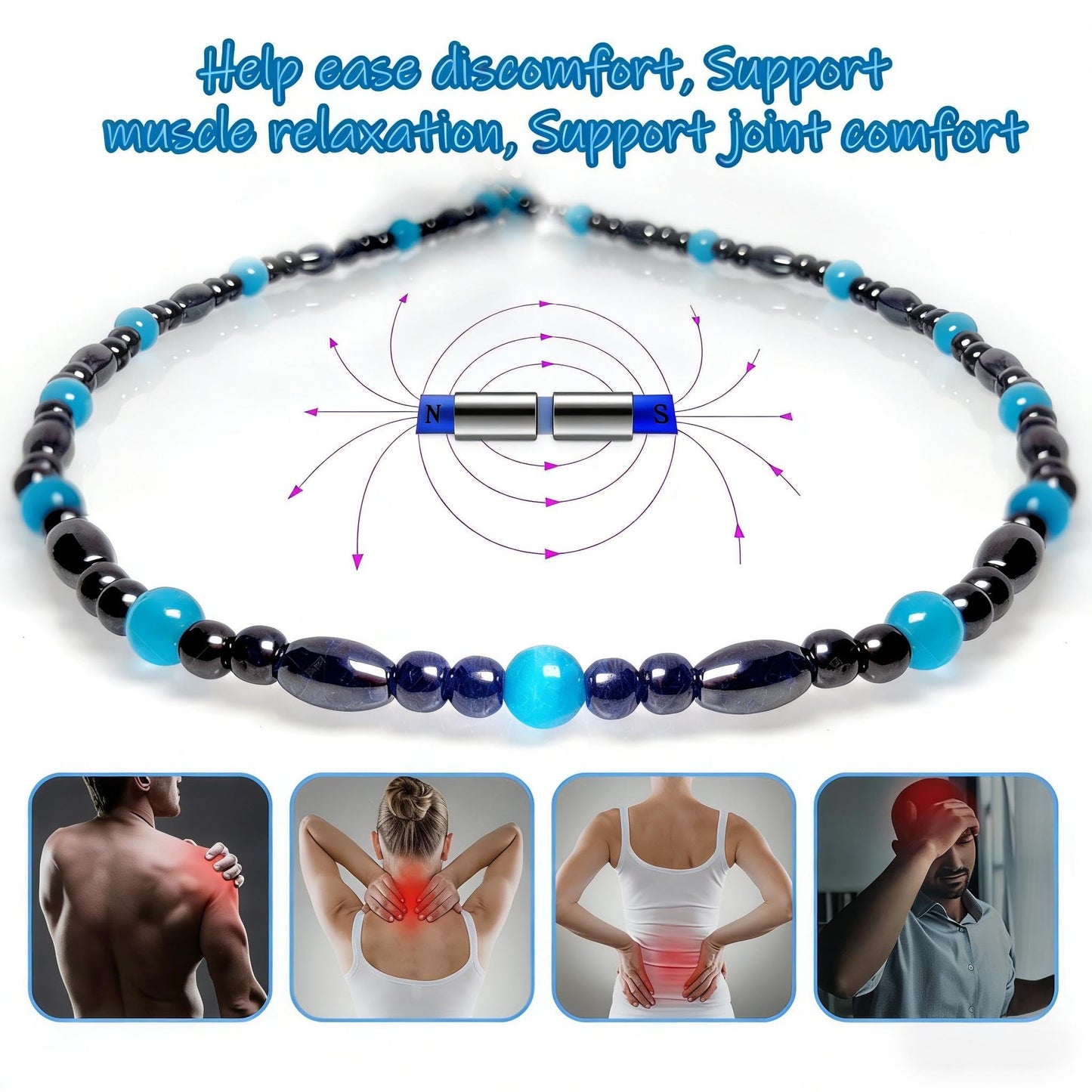 Hion Magnetic Black Obsidian & Aquamarine Necklace for Women Men, Natural Wellness Jewelry for Daily Comfort & Relaxation