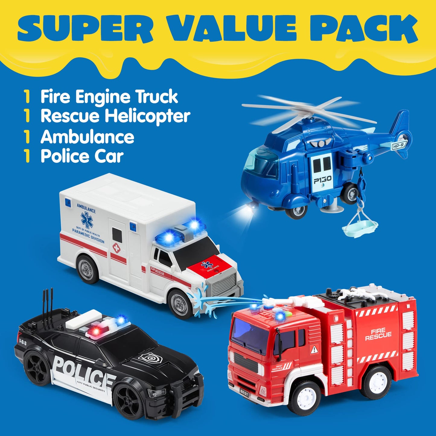 JOYIN 4 Packs Emergency Vehicle Toy Playsets, Friction Powered Vehicles with Light and Sound, Including Fire Truck, Ambulance, Play Police Car and Helicopter, Toddler Kids Boys Gifts
