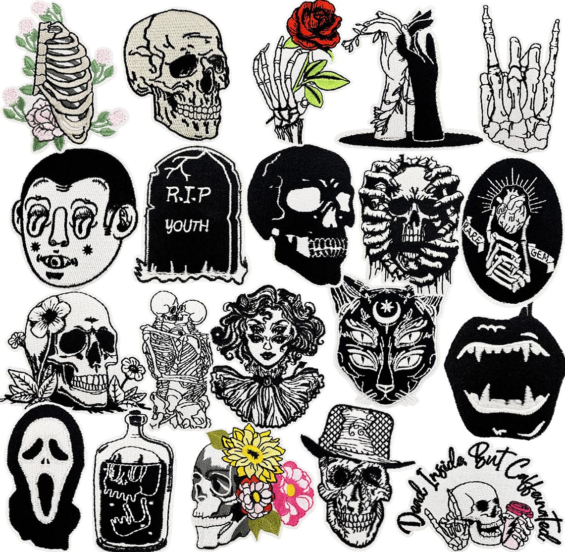 20 PCS Goth Iron On Patches Gothic Punk Cool Skull Rose Sew On Applique Embroidered Patches for Backpacks Pants Clothes Jeans Vests DIY Decoration Bags Hat Jackets Coat Uniforms Dress