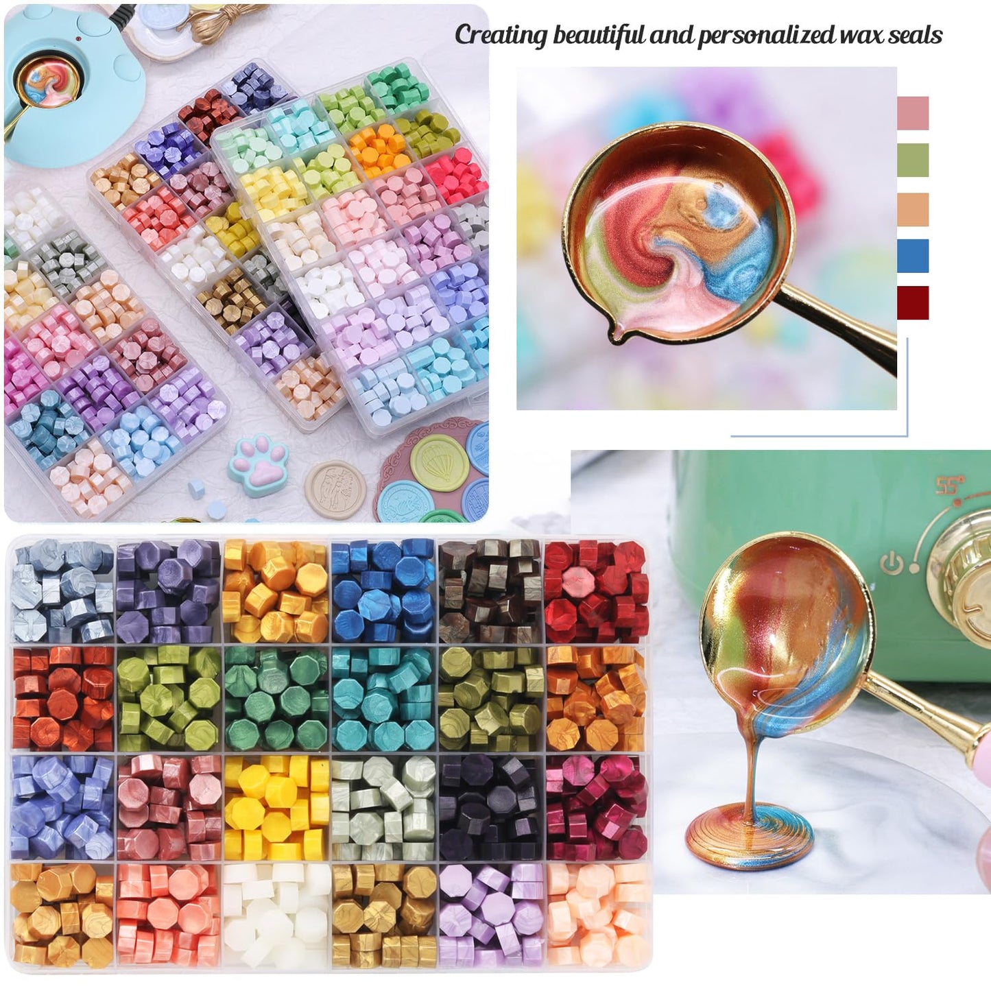 Wax Seal Stamp Kit with 24 Colors Wax Seal Beads 600pcs, WASOHLING 2PCS Love Heart WaxSeal Stamps with Electric Sealing Warmer Set, Envelopes and Metallic Pen for Letter Sealing